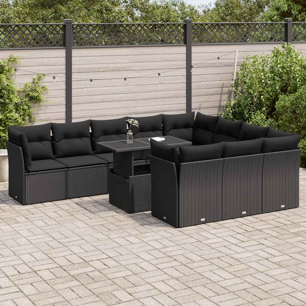 11-tlg. Garten-Sofagarnitur mit Kissen Schwarz Poly Rattan 11-tlg. Garten-Sofagarnitur mit Kissen Schwarz Poly Rattan
