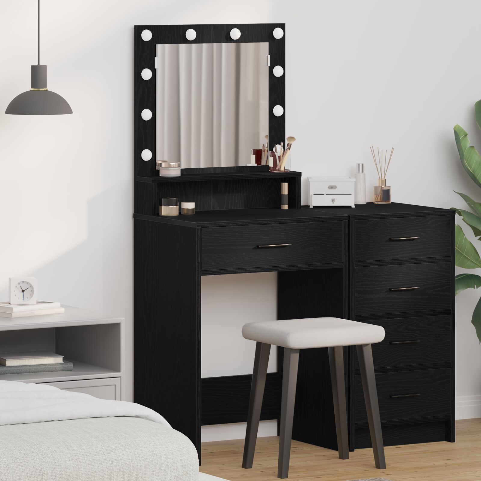 vidaXL Schminktisch mit LED-Lichtern, Schwarz/Eiche, 50x41x135 cm