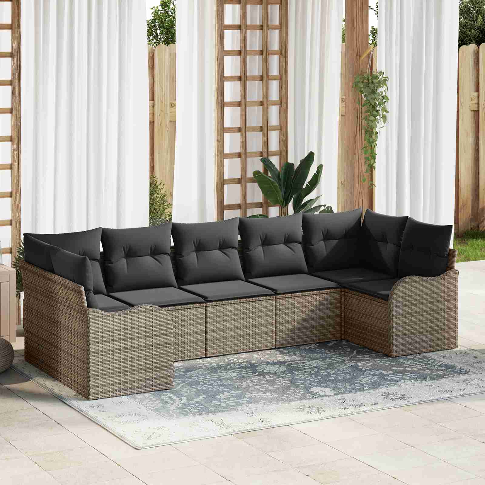7-teiliges Garten Sofa Set mit Kissen Grau Poly Rattan 7-teiliges Garten Sofa Set mit Kissen Grau Poly Rattan
