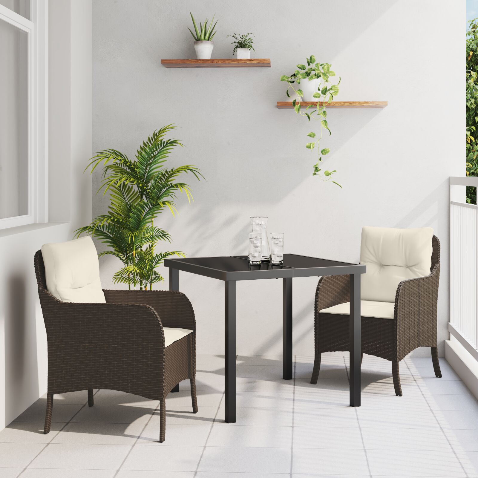 3-teiliges Garten-Essenset mit Kissen in Braun Poly Rattan
