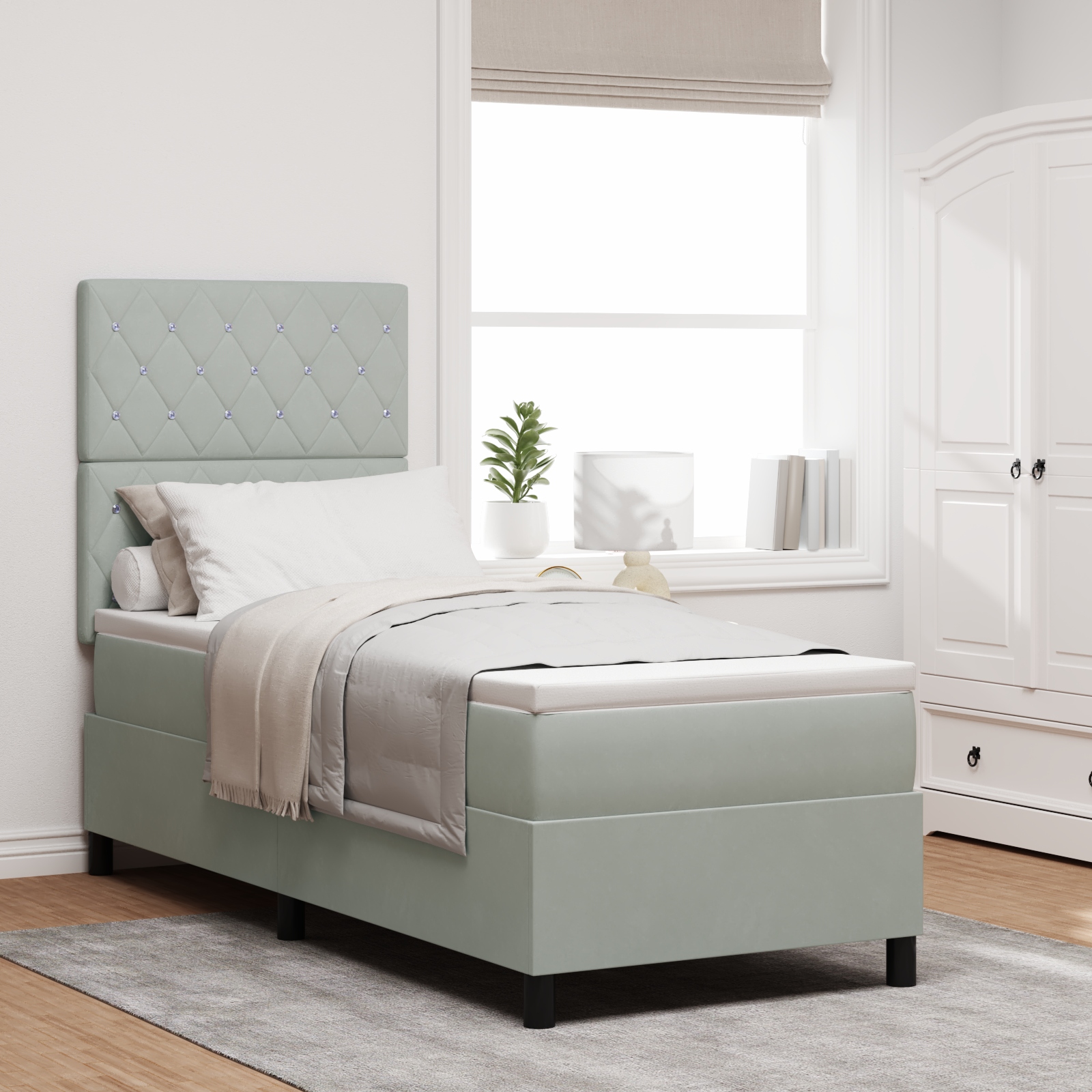 LED Boxspringbett mit Matratze Hellgrau 80x200 cm Samt