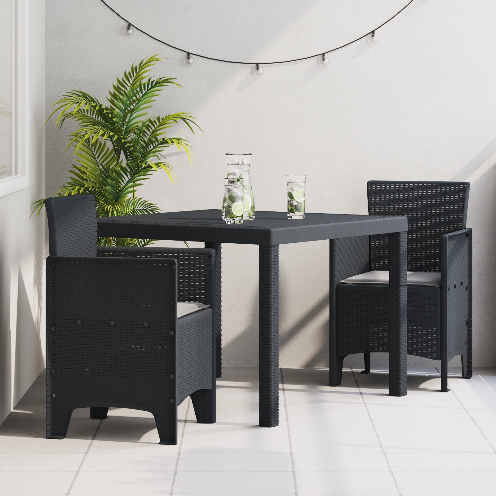 3-tlg. Garten-Essgruppe mit Kissen Anthrazit Poly Rattan