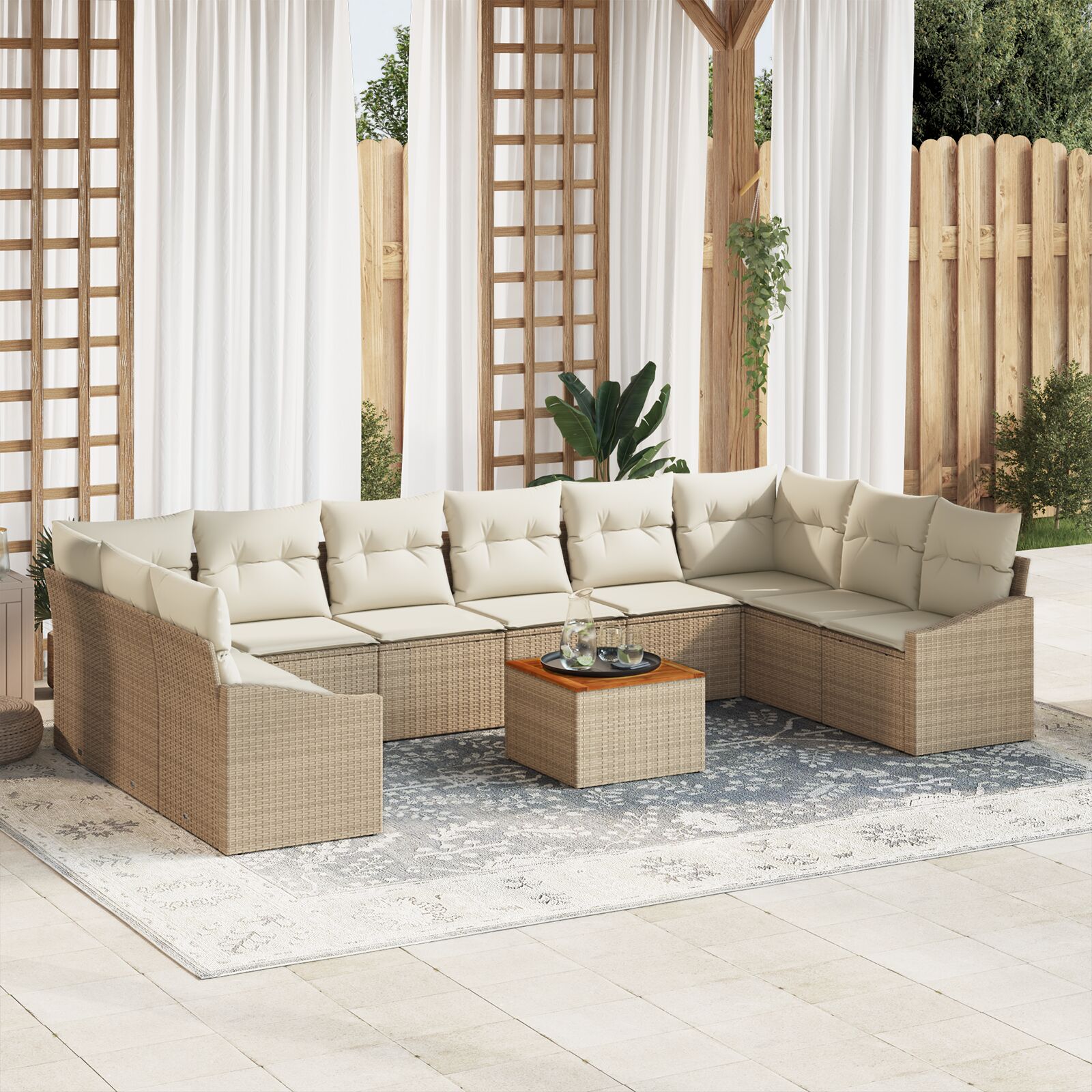 11-teiliges Garten-Sofa-Set mit Kissen Beige Poly-Rattan Akazie