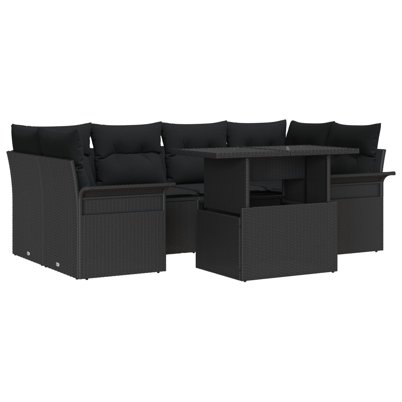 7 teilige Garten Sofagarnitur mit Kissen Schwarz Poly Rattan, 2-Sitzer Garten Sofa mit Stauraum & Kissen Schwarz Poly Rattan