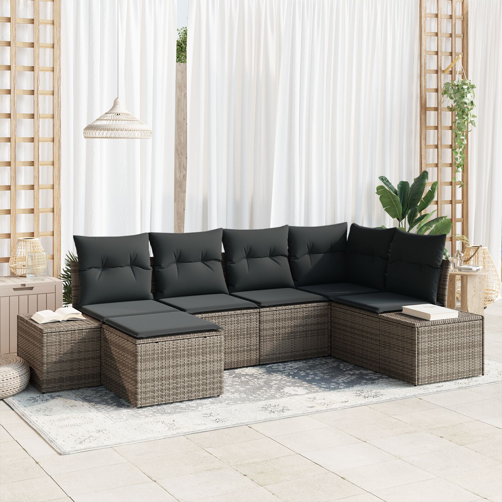 6-teiliges Garten-Sofa-Set mit Kissen Grau Poly-Rattan