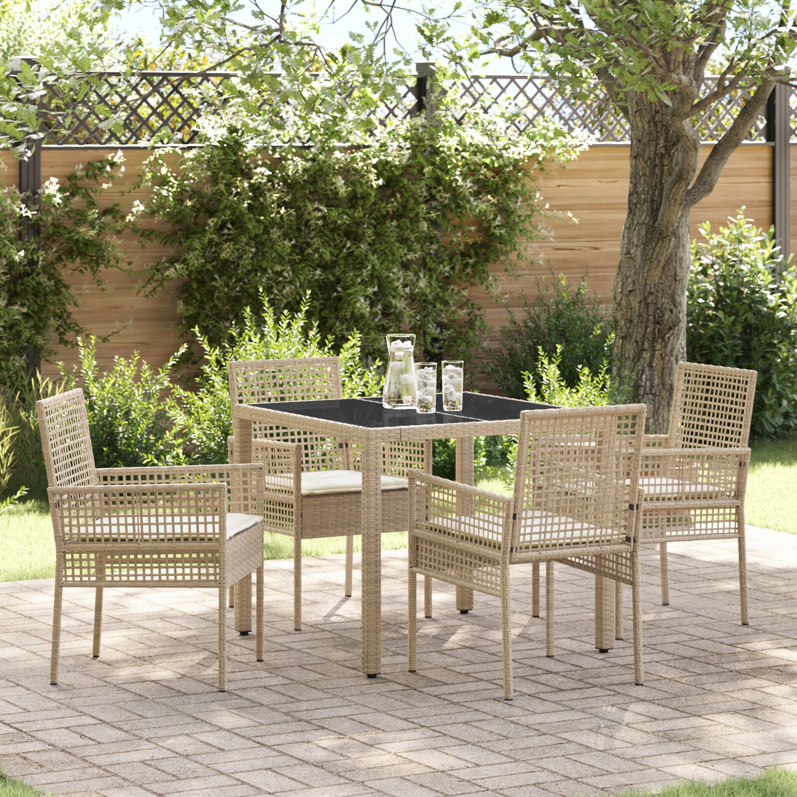 vidaXL 5-teilige Garten-Speisegruppe mit Kissen Beige Poly Rattan vidaXL 5-teilige Garten-Speisegruppe mit Kissen Beige Poly Rattan