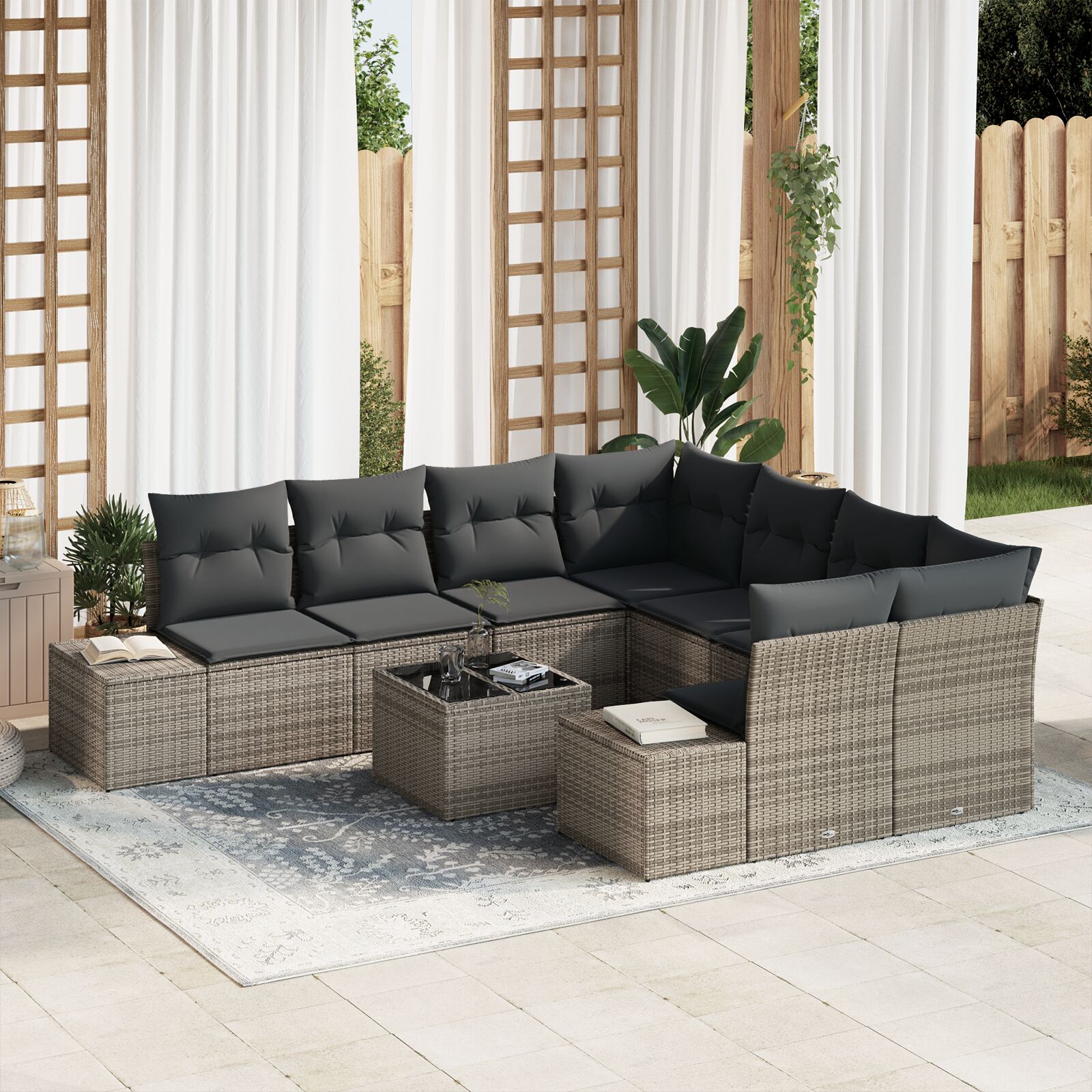 9-teiliges Garten Sofa Set mit Kissen Grau Poly Rattan 9-teiliges Garten Sofa Set mit Kissen Grau Poly Rattan