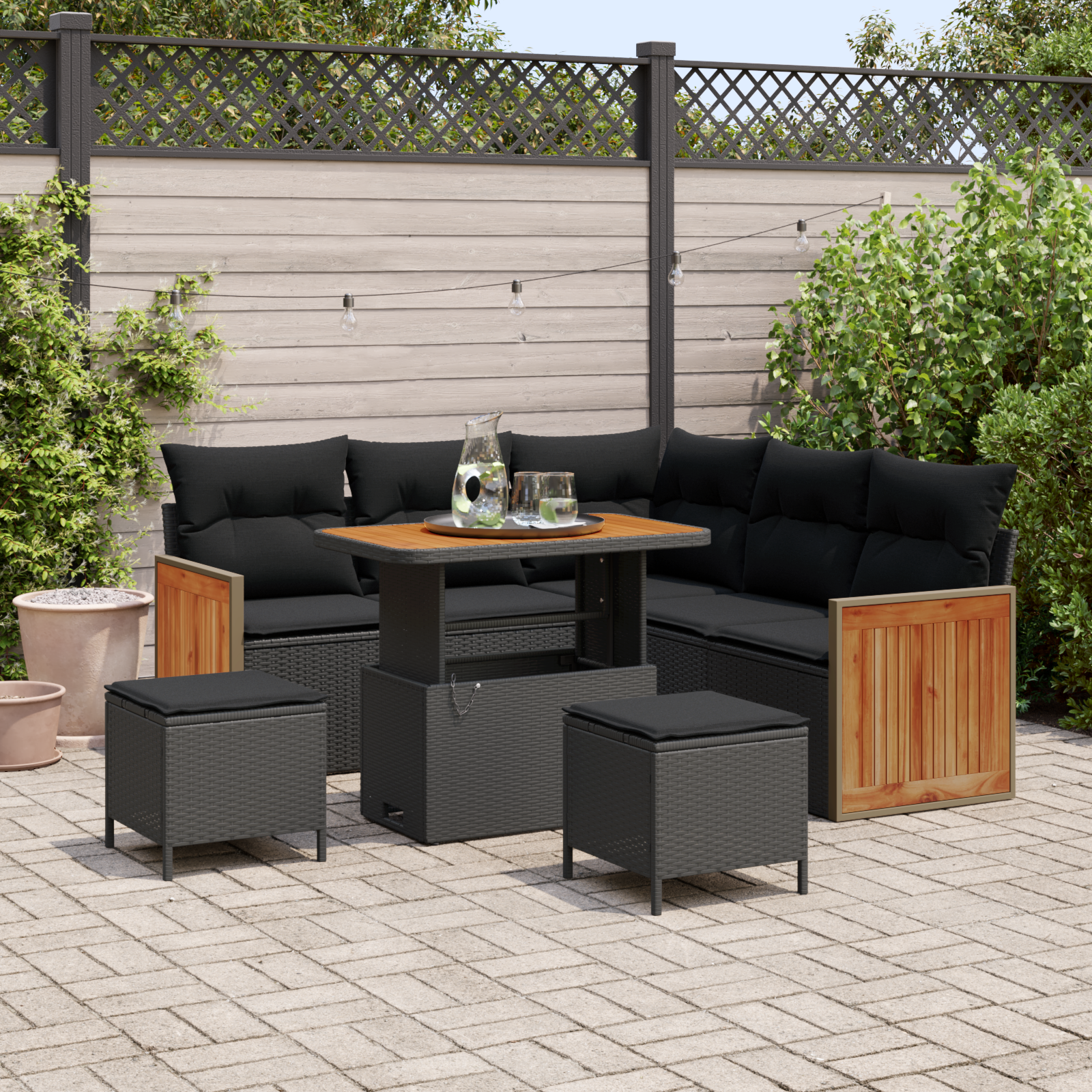8-teiliges Garten Sofa Set mit Kissen Schwarz Poly Rattan Akazie 8-teiliges Garten Sofa Set mit Kissen Schwarz Poly Rattan Akazie