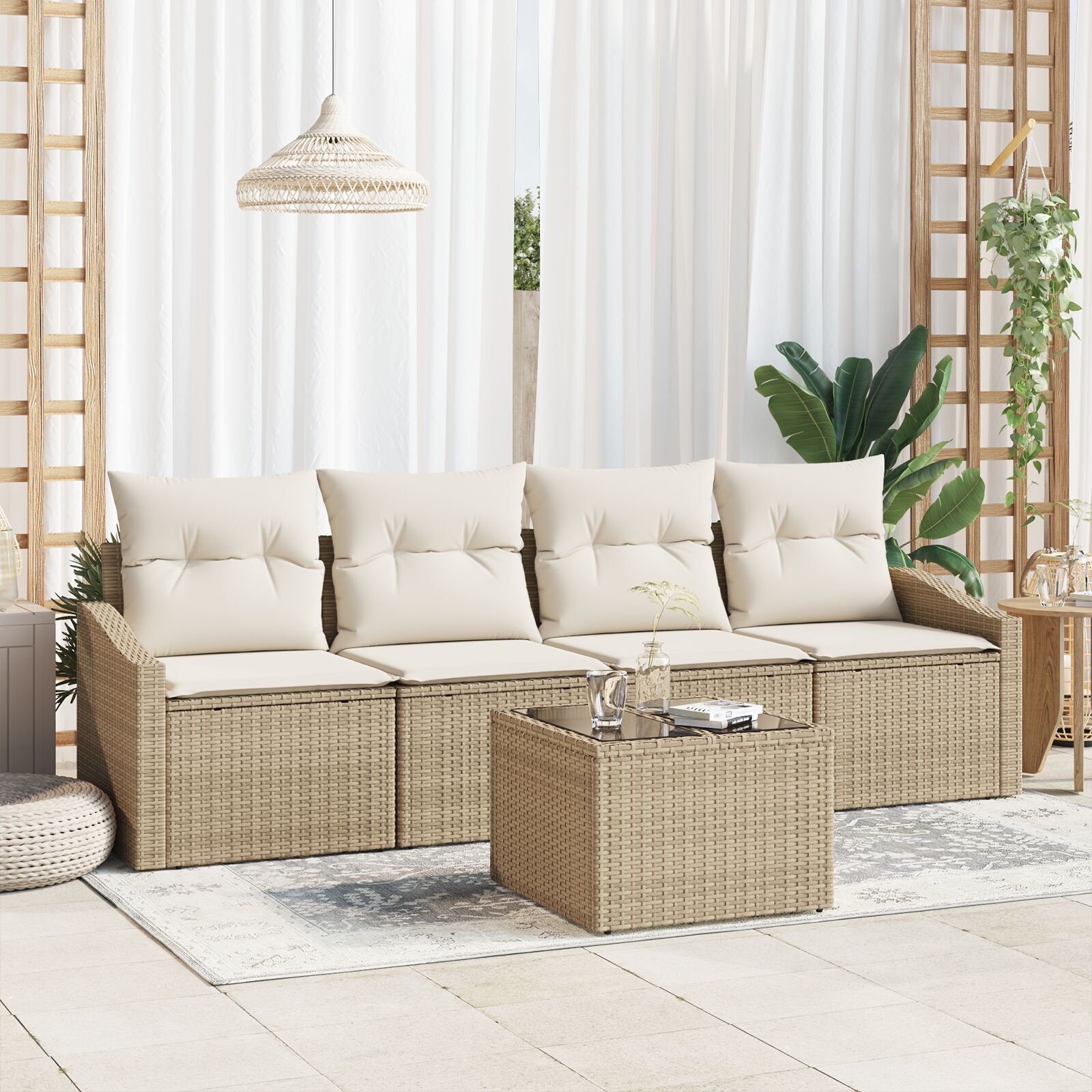 5-teiliges Garten-Sofa-Set mit Kissen Beige Poly-Rattan 5-teiliges Garten-Sofa-Set mit Kissen Beige Poly-Rattan