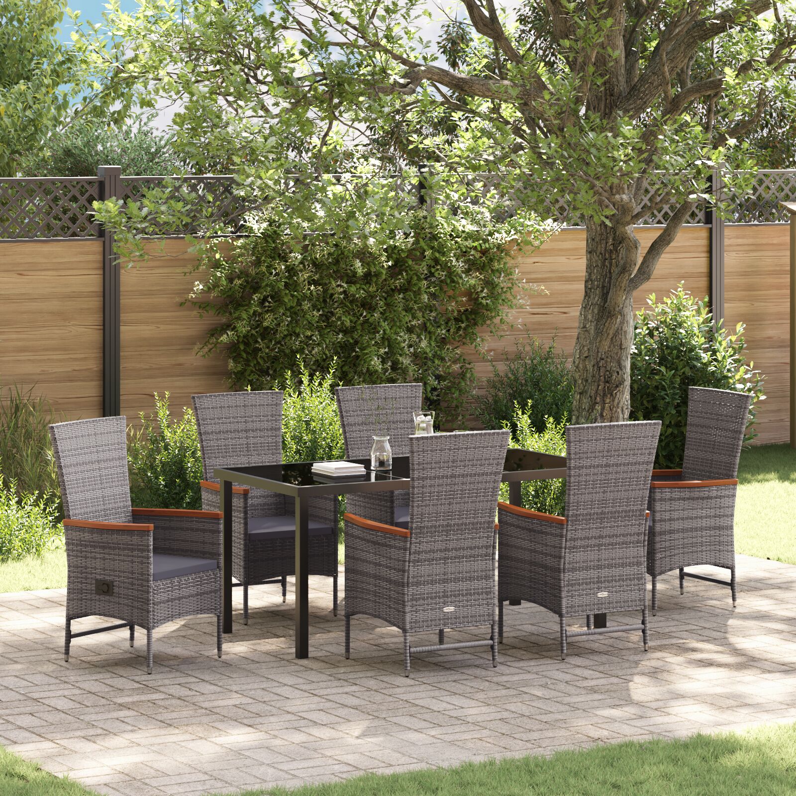 7-teiliges Garten-Esszimmer-Set mit Kissen Grau Poly-Rattan