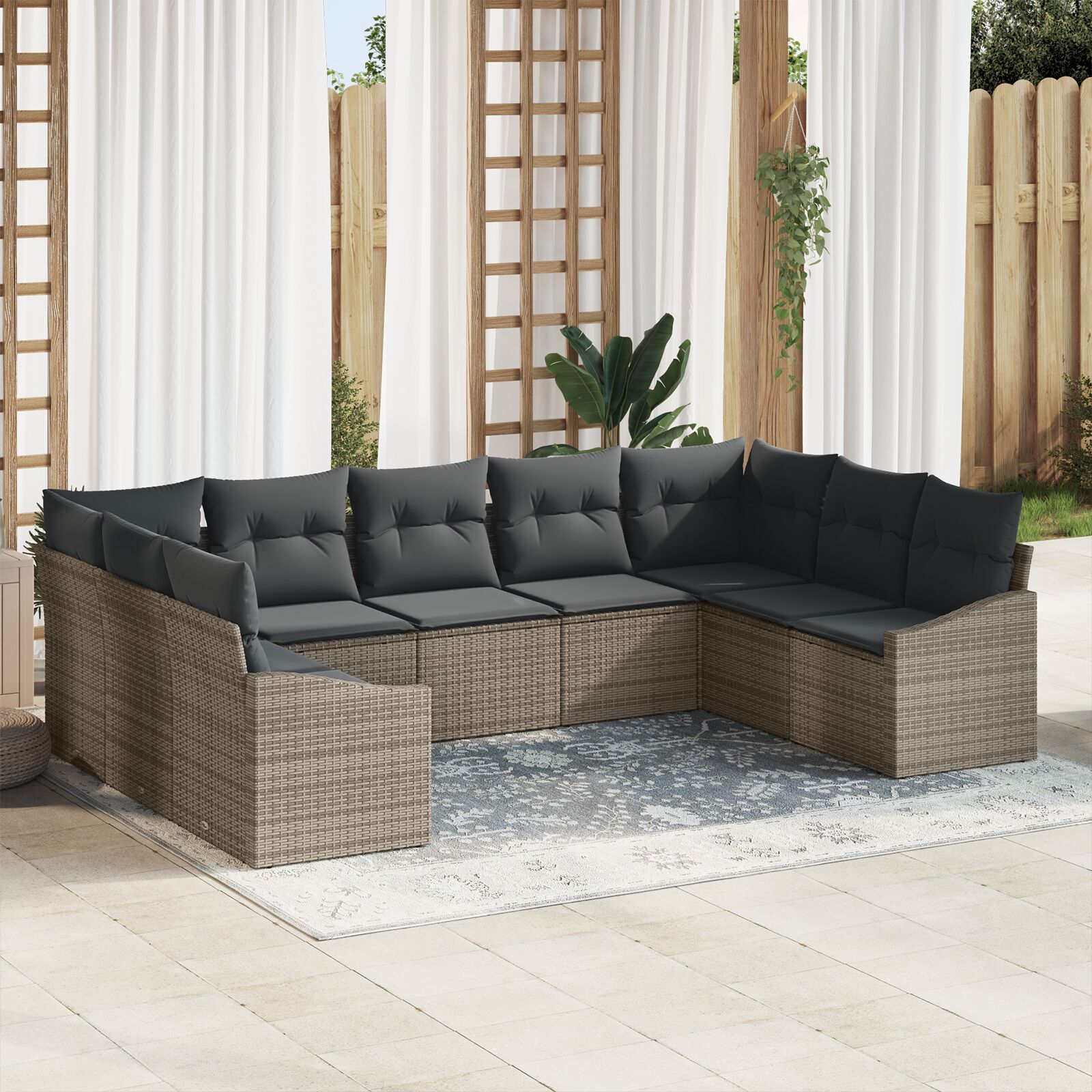 9-teiliges Garten-Sofa-Set mit Kissen Grau Poly Rattan 9-teiliges Garten-Sofa-Set mit Kissen Grau Poly Rattan
