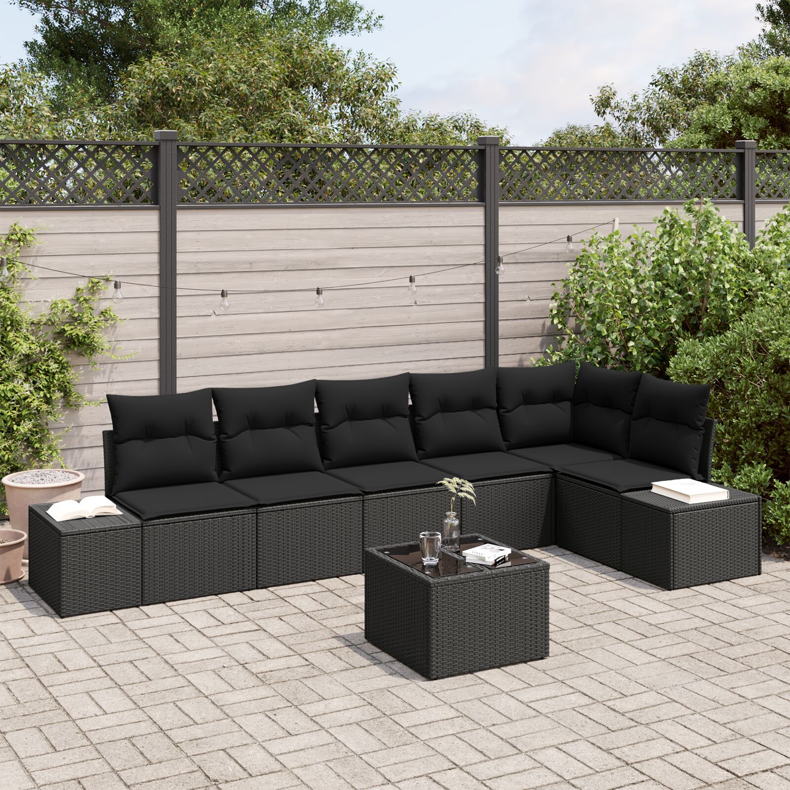 7-teiliges Garten Sofaset mit Kissen Beige Poly Rattan
