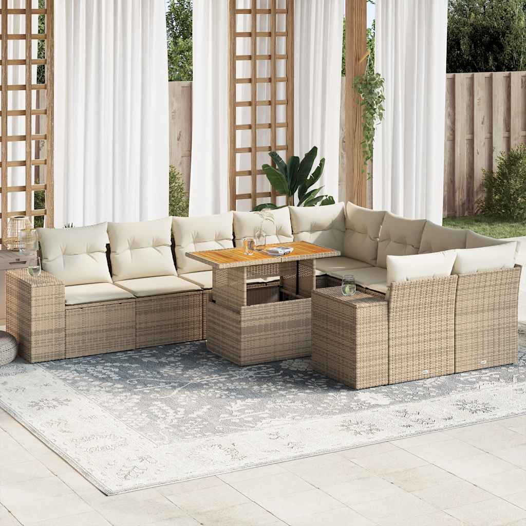 10-tlg. Garten-Sofagarnitur mit Kissen Beige Poly Rattan Akazie 10-tlg. Garten-Sofagarnitur mit Kissen Beige Poly Rattan Akazie