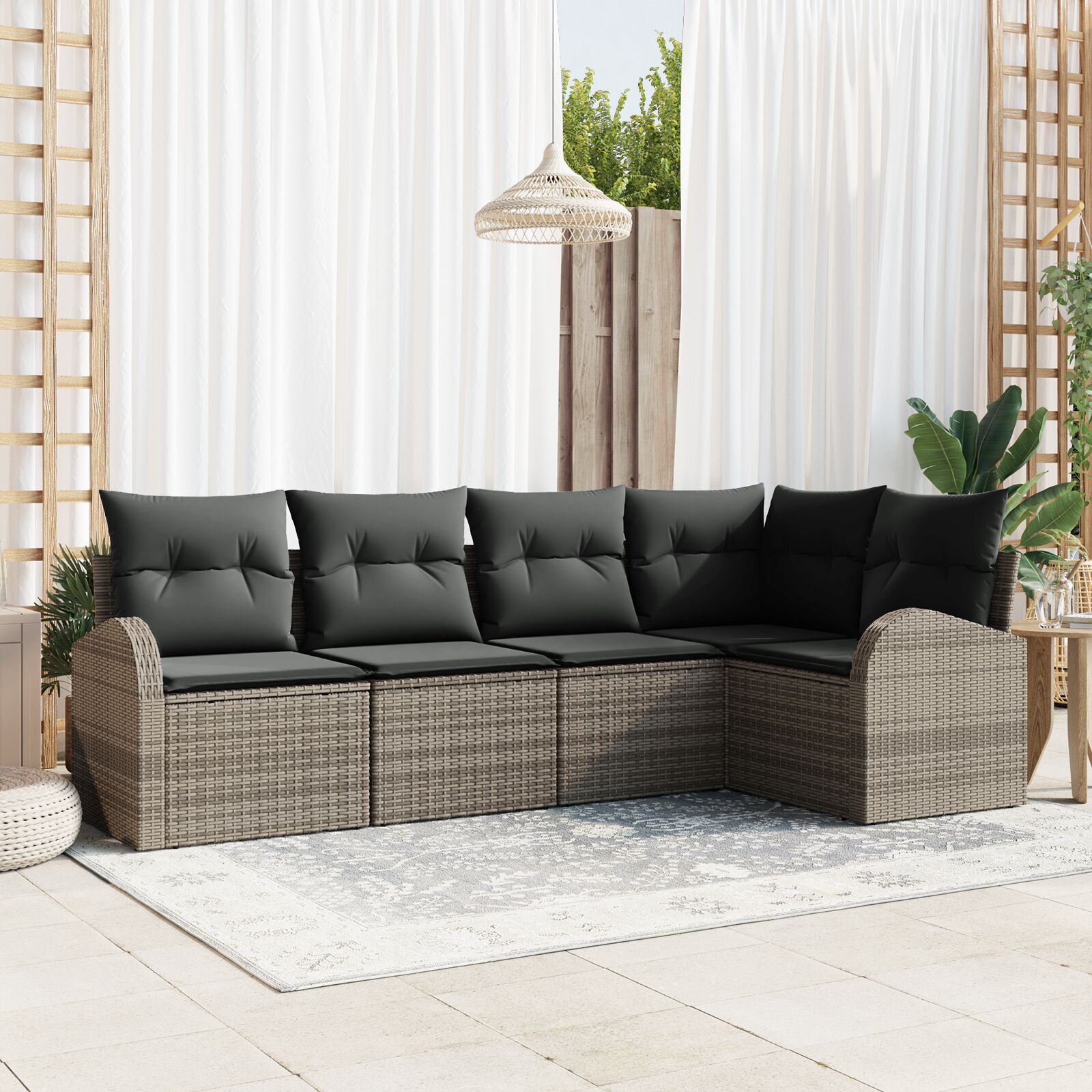 5-teiliges Garten Sofa Set mit Kissen Grau Poly Rattan 5-teiliges Garten Sofa Set mit Kissen Grau Poly Rattan