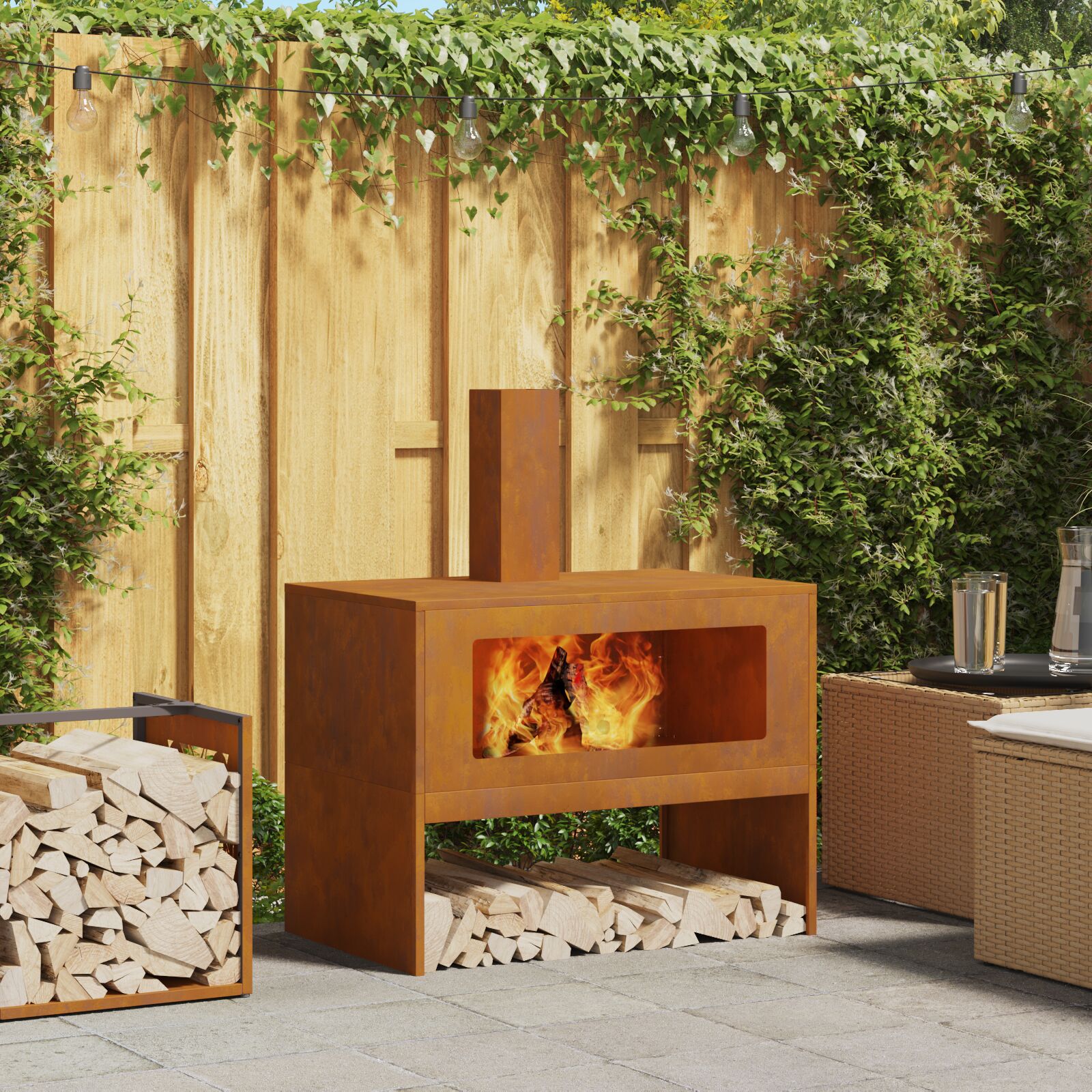 Feuerstelle mit Schornstein 80x50x96 cm Wetterstahl