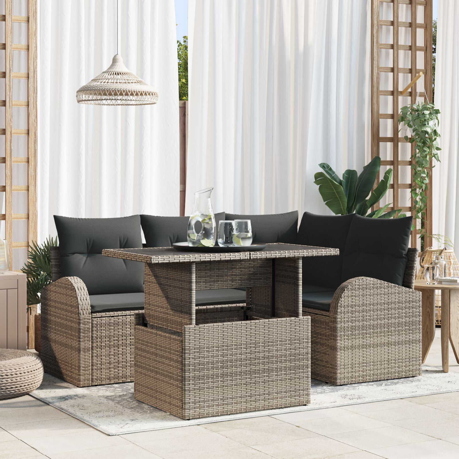 5-teiliges Garten-Sofa-Set mit Kissen Grau Poly Rattan
