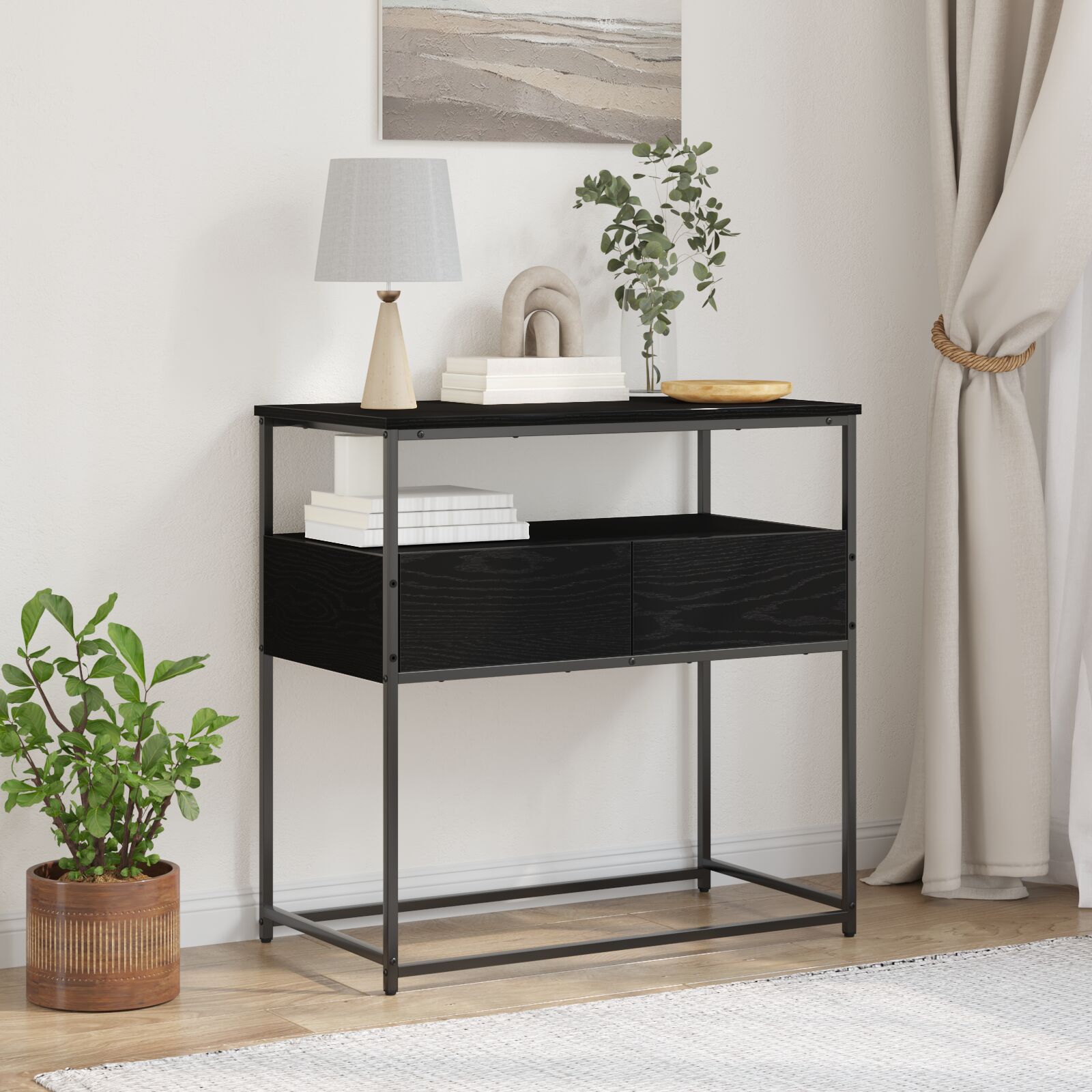 vidaXL Konsole Tisch Schwarze Eiche 75x40x75 cm engineered Holz und Stahl