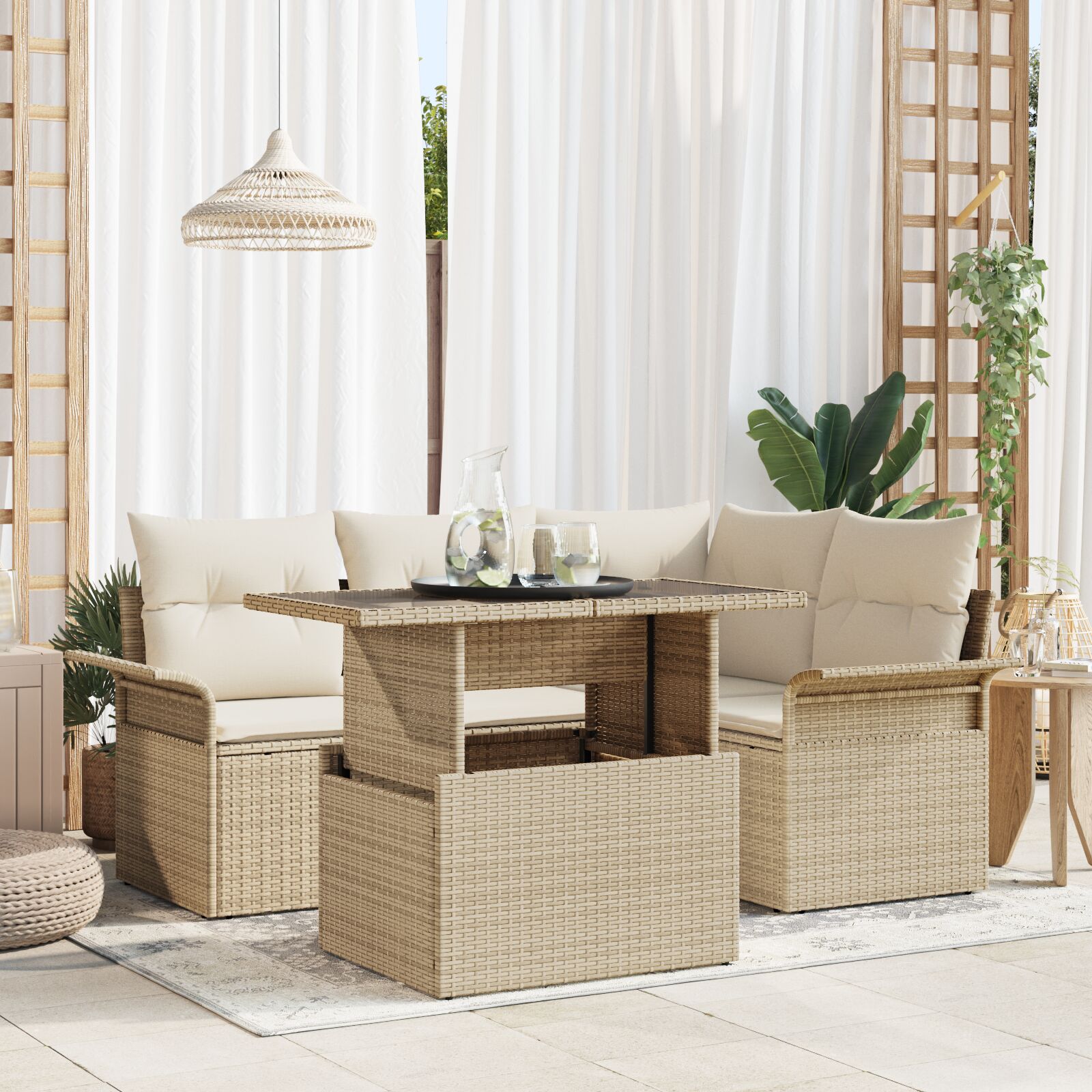 5-teiliges Garten-Sofa-Set mit Kissen Beige Poly-Rattan