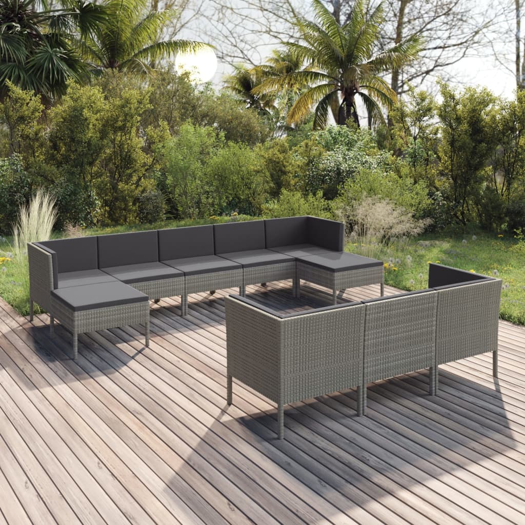 10-tlg. Garten-Lounge-Set mit Auflagen Poly Rattan Grau 10-tlg. Garten-Lounge-Set mit Auflagen Poly Rattan Grau