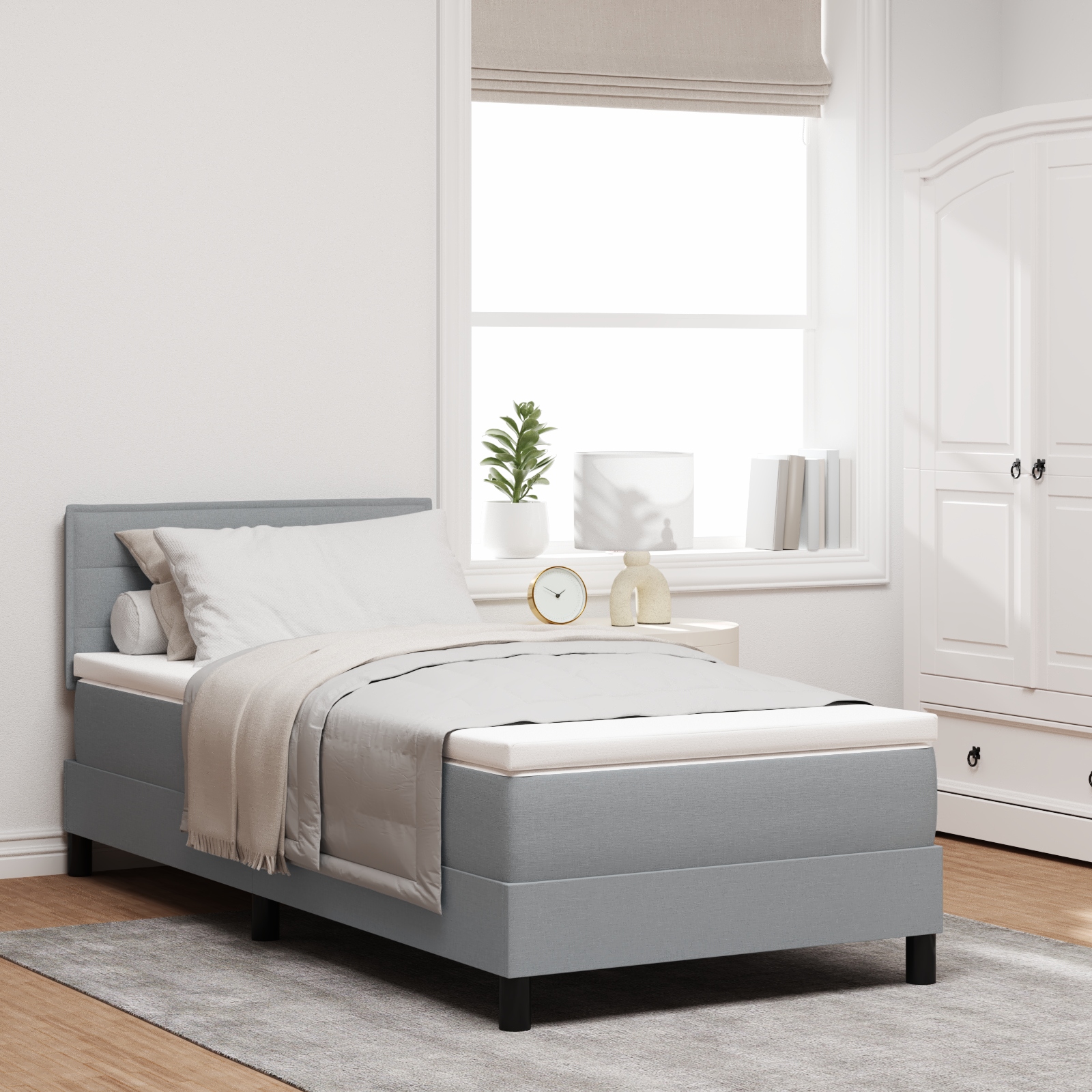 LED Boxspringbett mit Matratze Hellgrau 90x200 cm Stoff