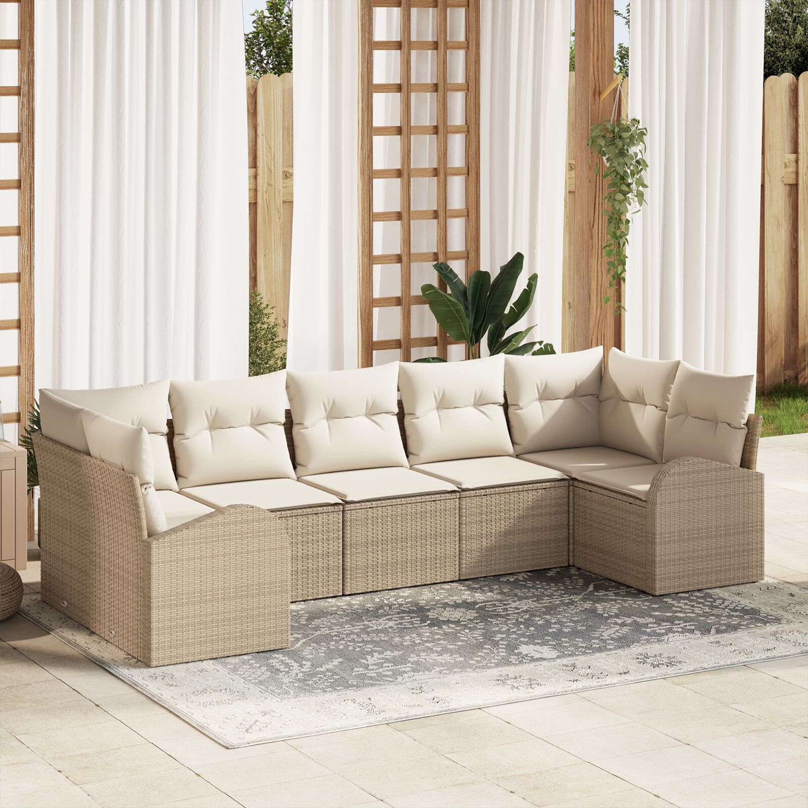 7-teiliges Garten Sofa Set mit Kissen Beige Poly Rattan