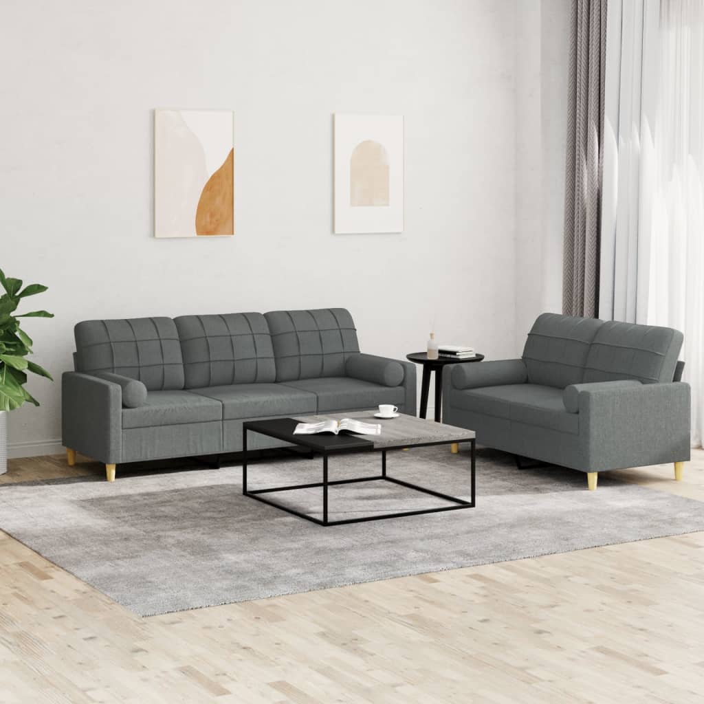 2-tlg. Sofagarnitur mit Kissen Dunkelgrau Stoff 2-tlg. Sofagarnitur mit Kissen Dunkelgrau Stoff