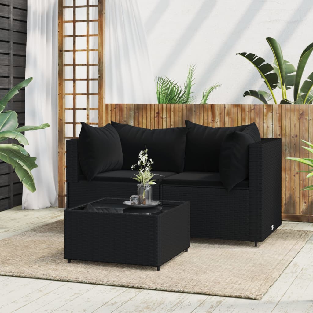 3-tlg. Garten-Lounge-Set mit Kissen Schwarz Poly Rattan 3-tlg. Garten-Lounge-Set mit Kissen Schwarz Poly Rattan