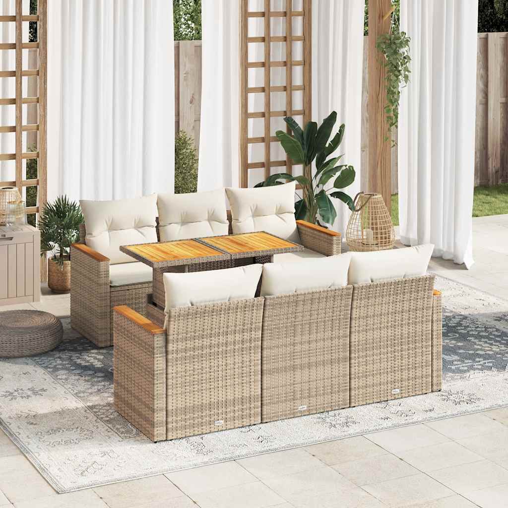 7-tlg. Garten-Sofagarnitur mit Kissen Beige Poly Rattan Akazie 7-tlg. Garten-Sofagarnitur mit Kissen Beige Poly Rattan Akazie