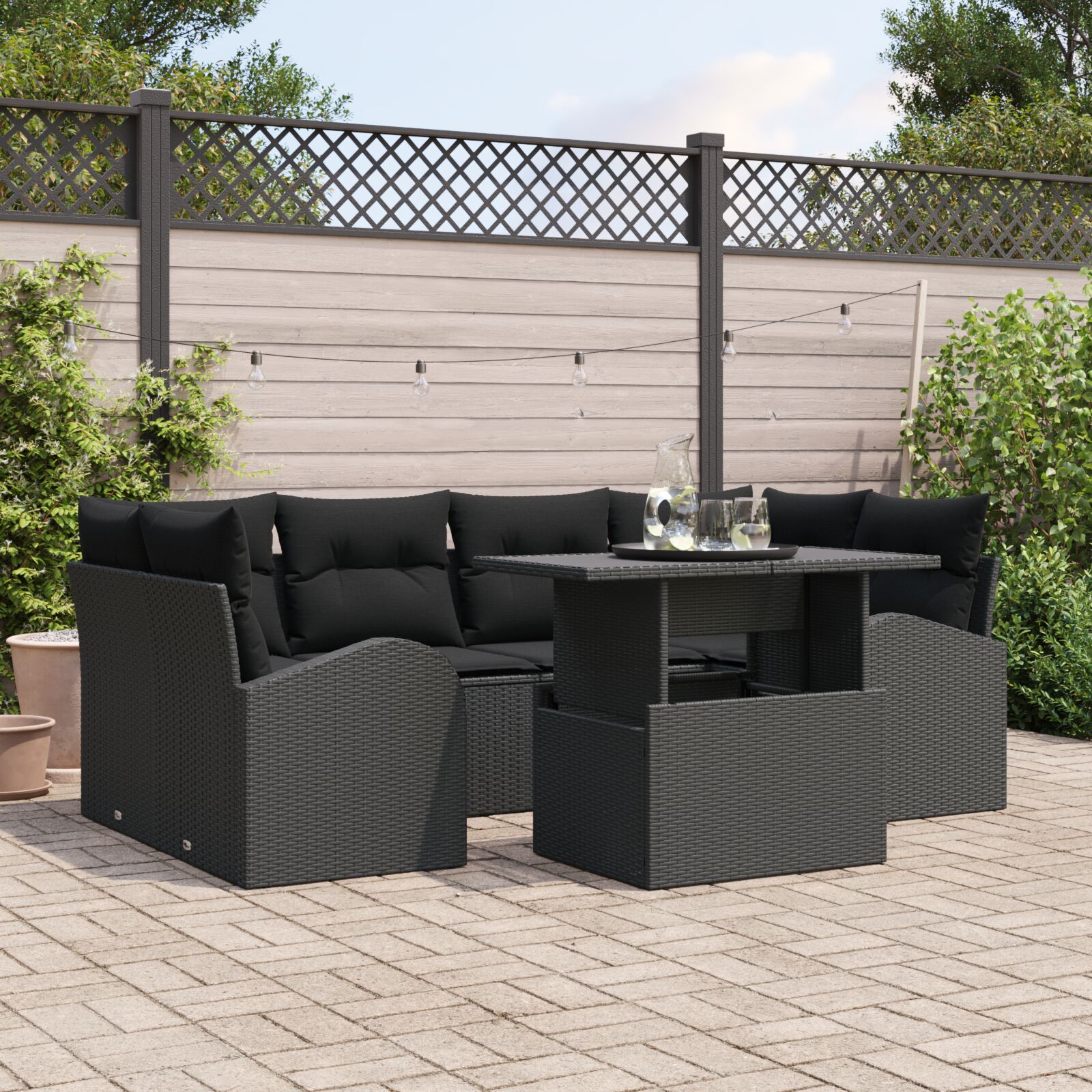 7 teiliges Garten Sofa Set mit Kissen Schwarz Poly Rattan