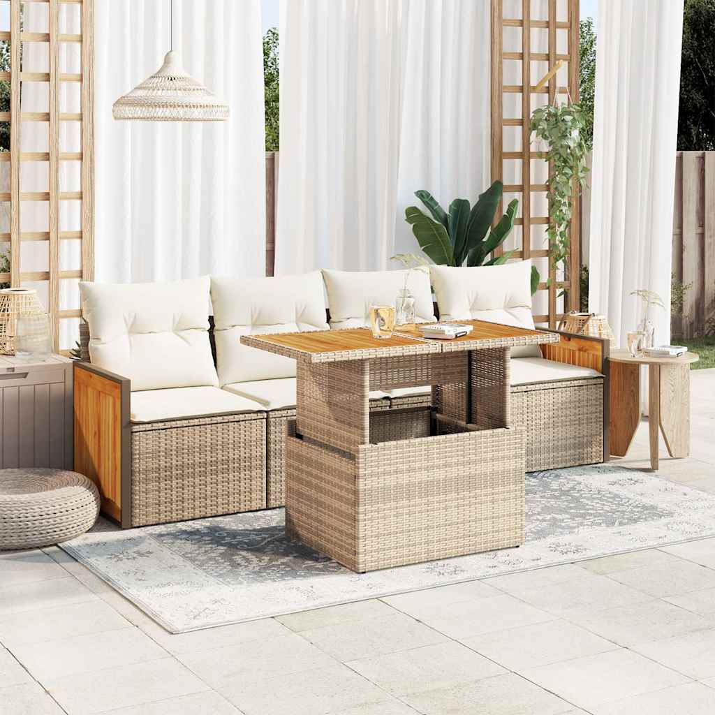 5-tlg. Garten-Sofagarnitur mit Kissen Beige Poly Rattan Akazie 5-tlg. Garten-Sofagarnitur mit Kissen Beige Poly Rattan Akazie
