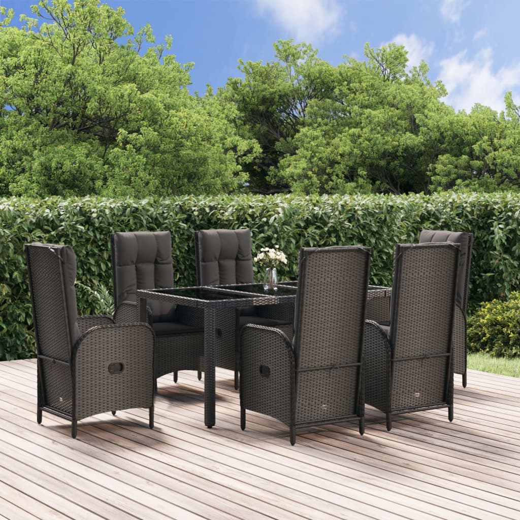 7-tlg. Garten-Essgruppe mit Kissen Schwarz und Grau Poly Rattan 7-tlg. Garten-Essgruppe mit Kissen Schwarz und Grau Poly Rattan