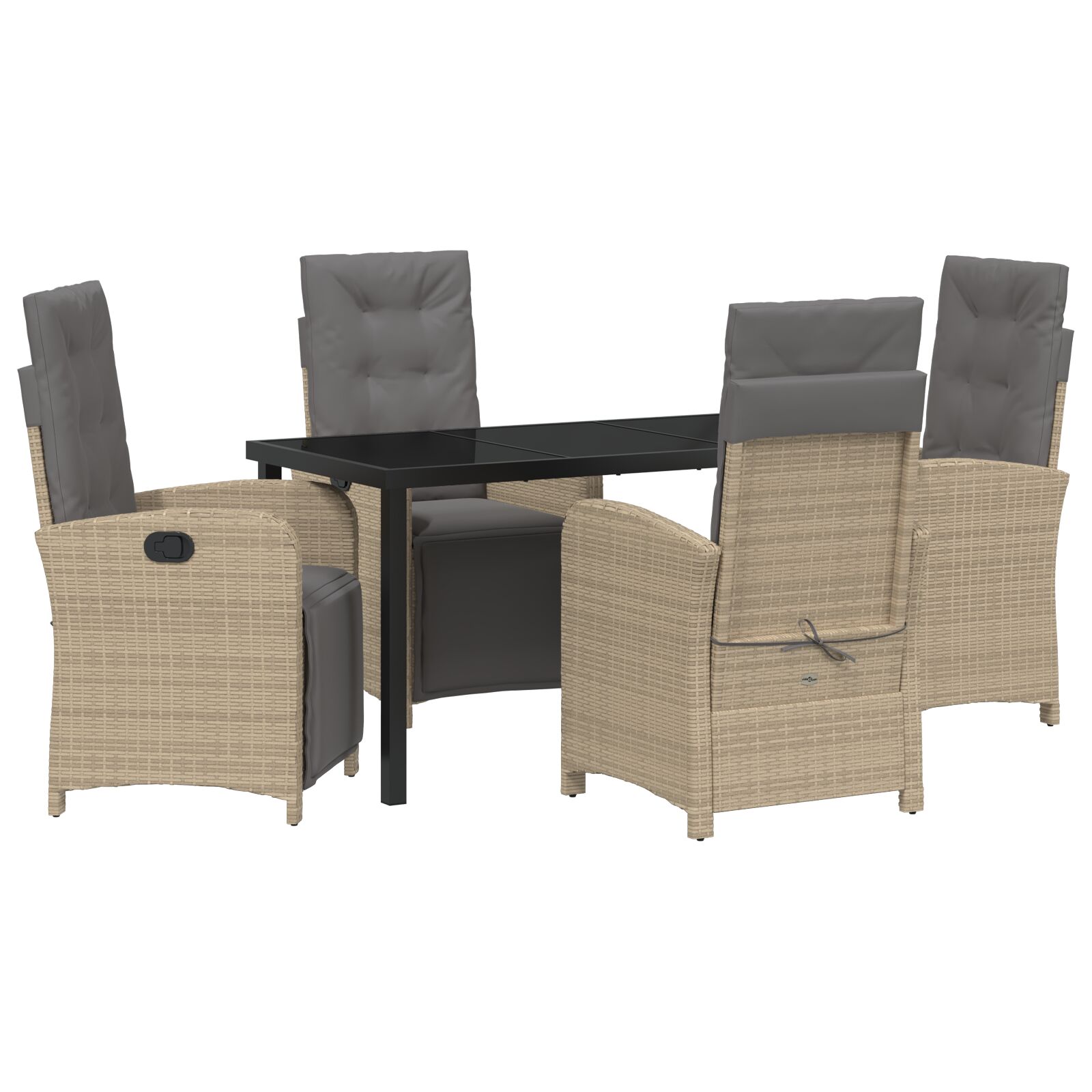 5-teiliges Garten Essgruppe mit Kissen Beige Poly Rattan, Gartentisch Schwarz 140x80x73 cm Tempered Glas