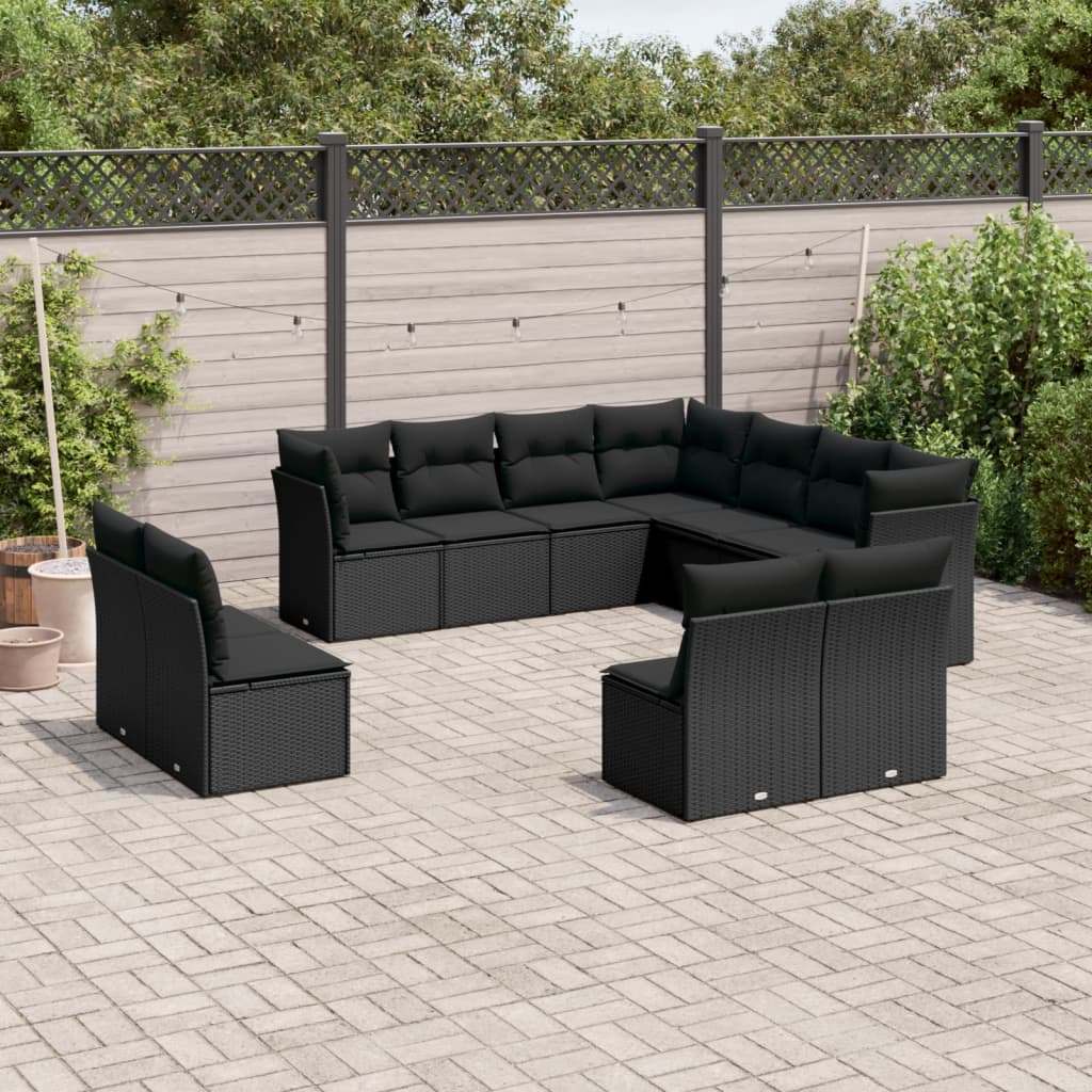 11-tlg. Garten-Sofagarnitur mit Kissen Schwarz Poly Rattan 11-tlg. Garten-Sofagarnitur mit Kissen Schwarz Poly Rattan