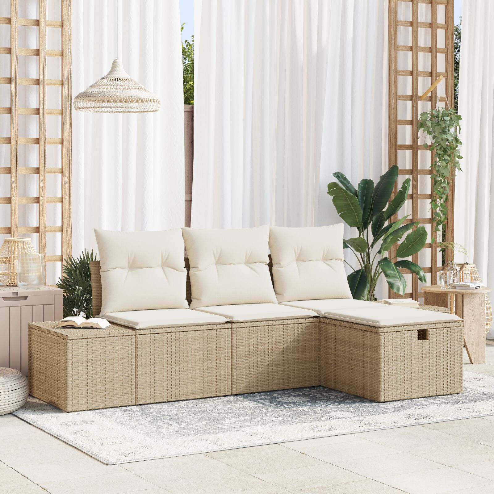 4-teiliges Garten-Sofa-Set mit Kissen Beige Poly-Rattan 4-teiliges Garten-Sofa-Set mit Kissen Beige Poly-Rattan