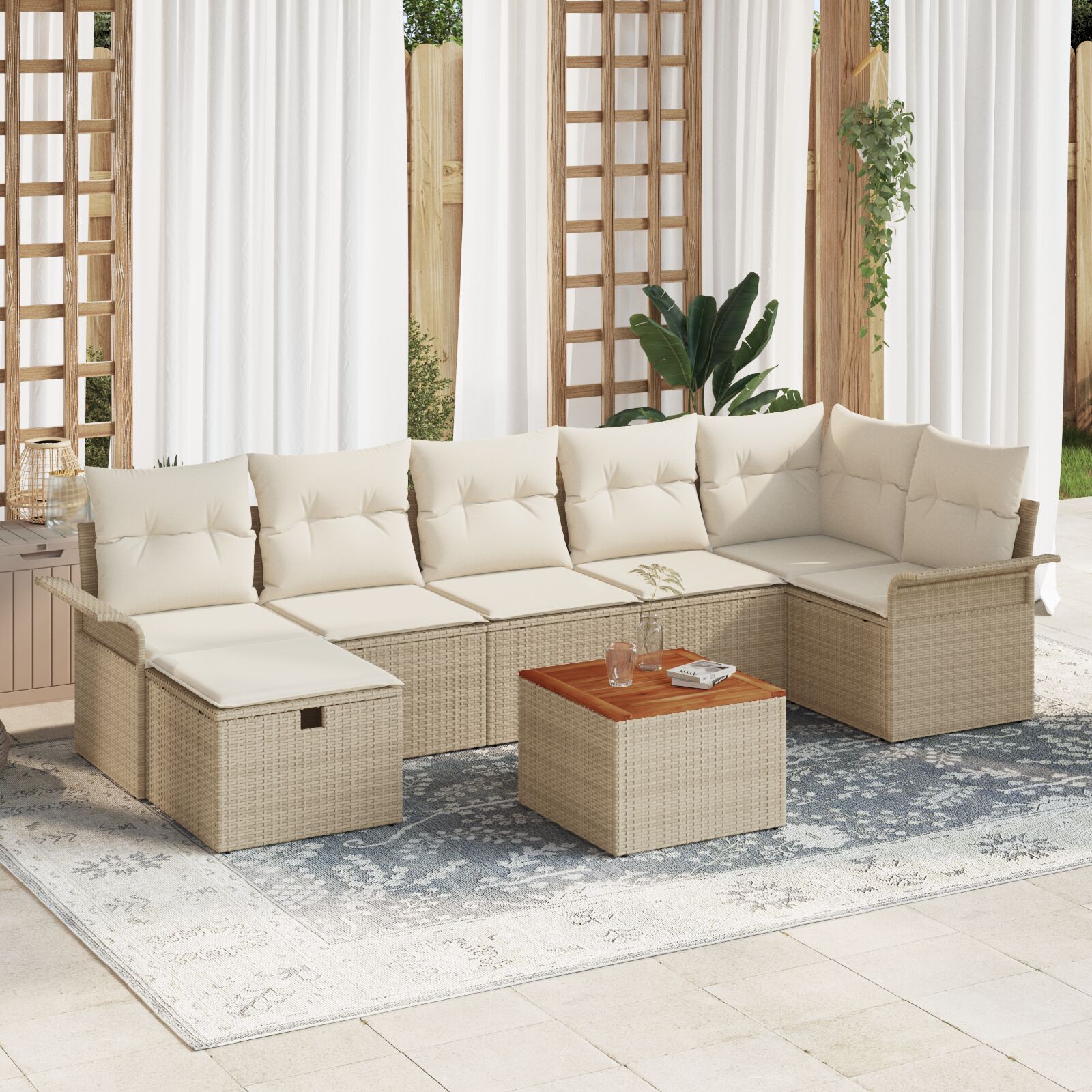8-Teiliges Garten Sofa Set mit Kissen Beige Poly Rattan