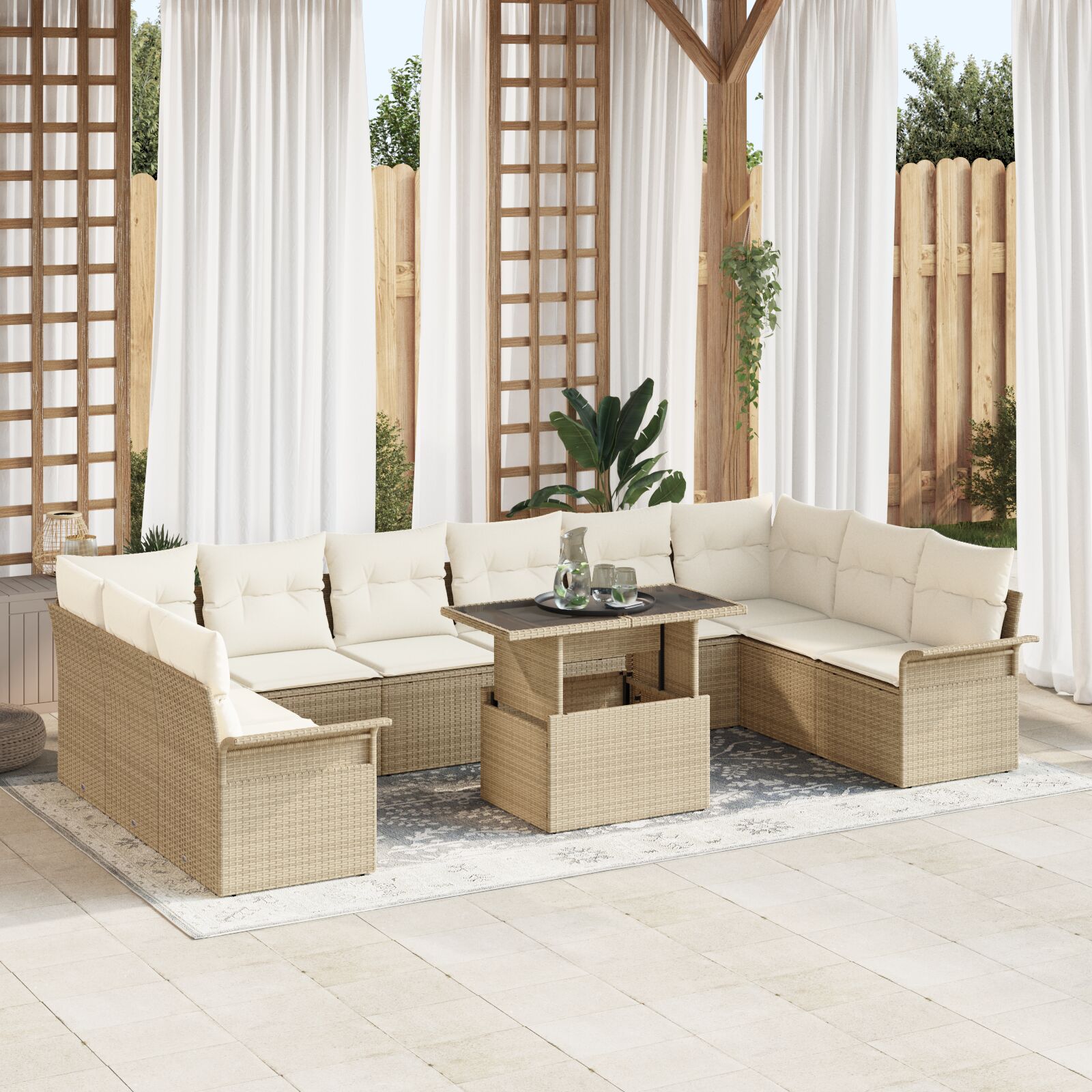 11-teiliges Garten Sofa Set mit Kissen Beige Poly Rattan