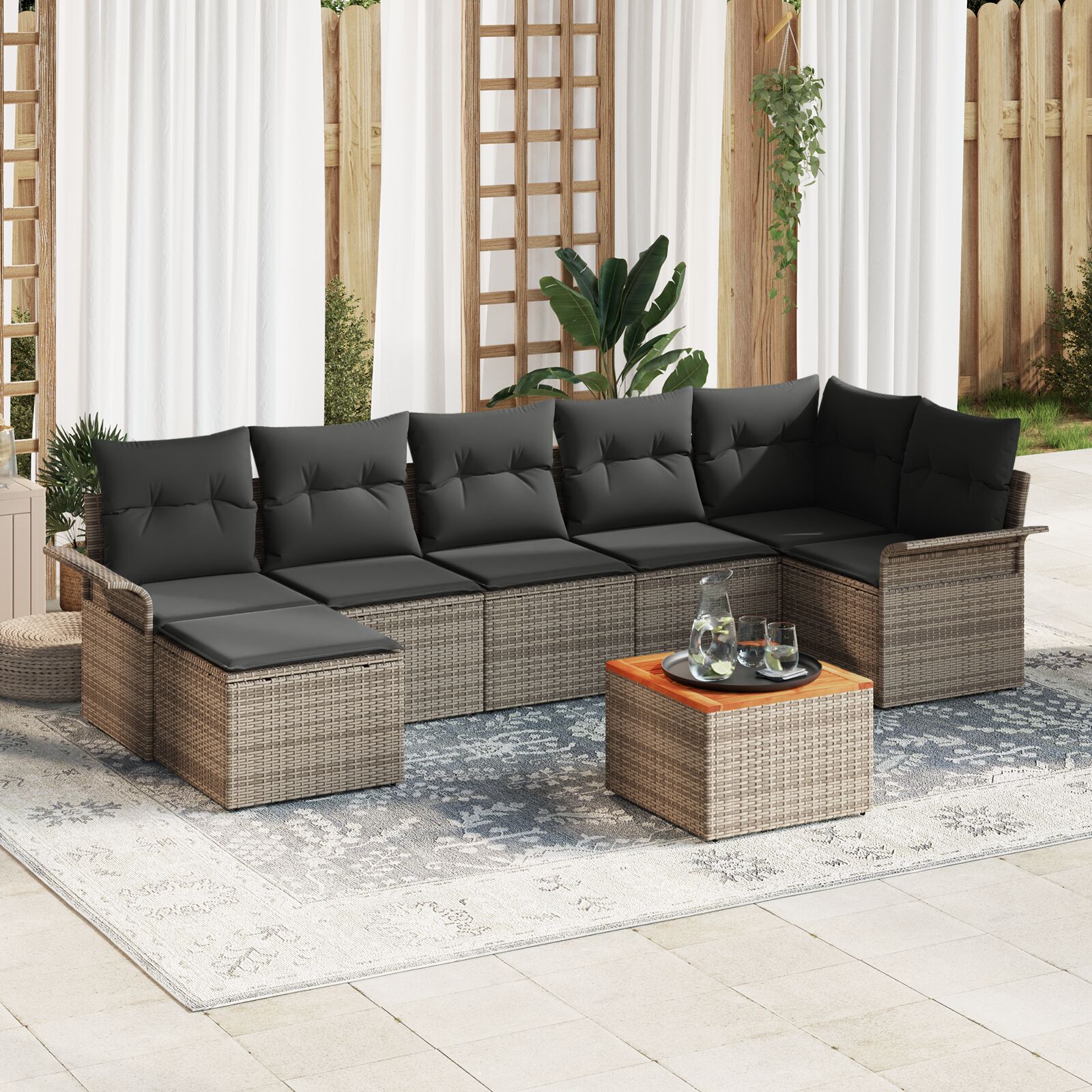8-teiliges Garten-Sofaset mit Kissen Grau Poly-Rattan Akazie 8-teiliges Garten-Sofaset mit Kissen Grau Poly-Rattan Akazie