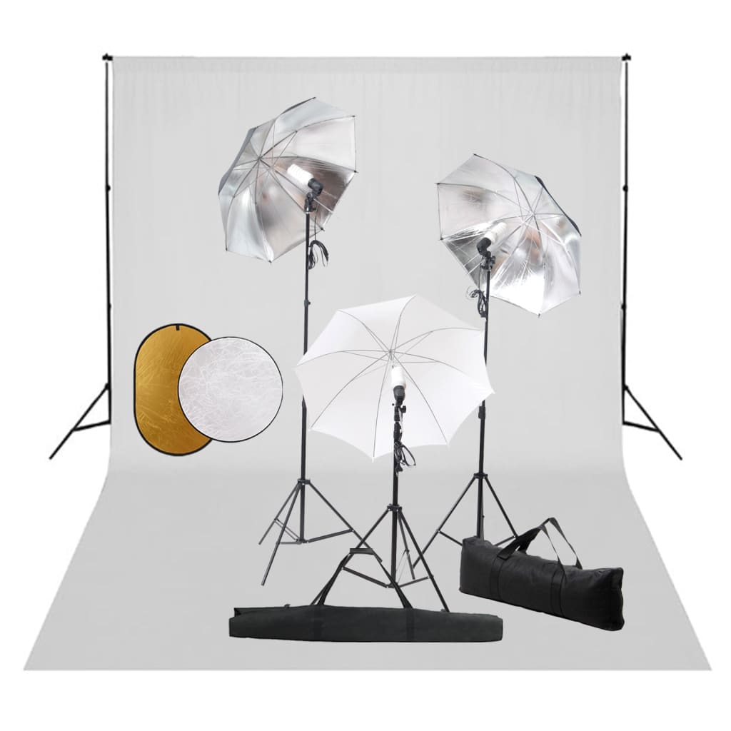 Fotostudio-Set mit Lampen, Schirmen, Hintergrund & Reflektor Fotostudio-Set mit Lampen, Schirmen, Hintergrund & Reflektor
