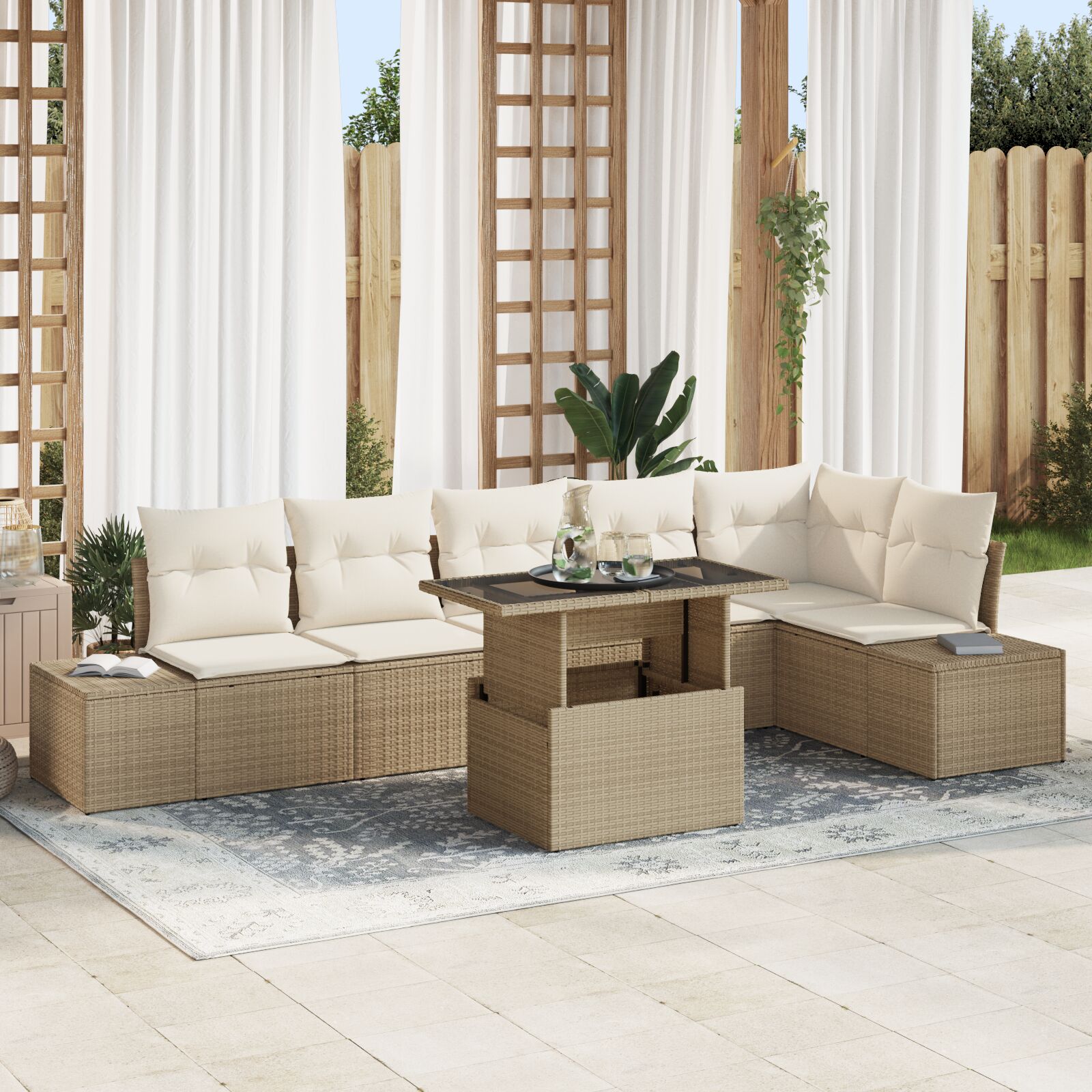 vidaXL Garten-Sofa-Set 7-teilig Beige, Creme Rattan, Polyester