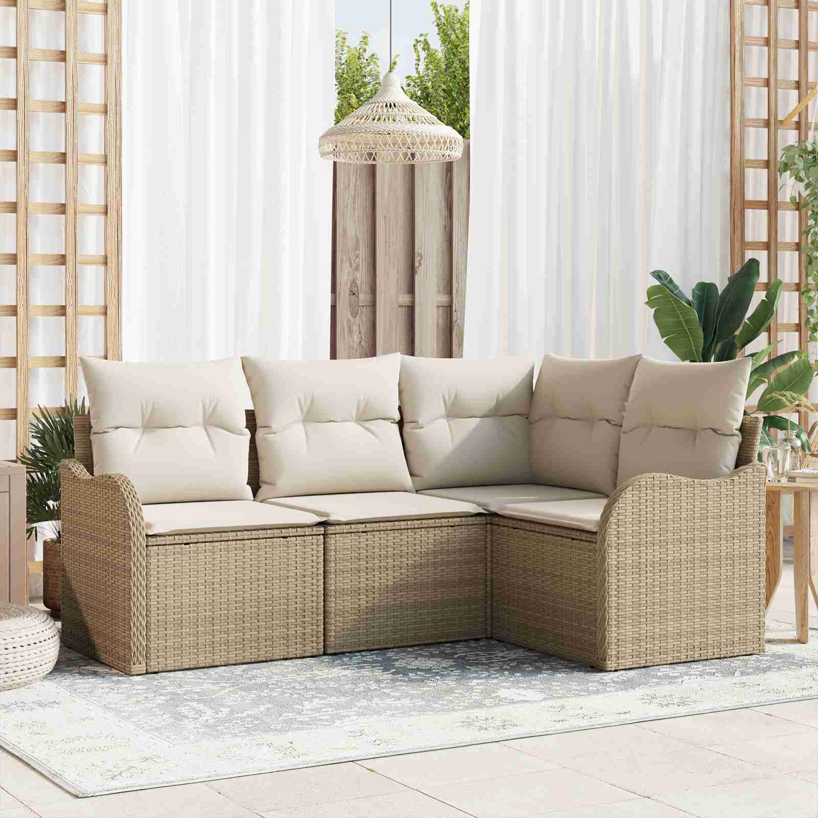 4-teiliges Garten Sofa Set mit Kissen Beige Poly Rattan