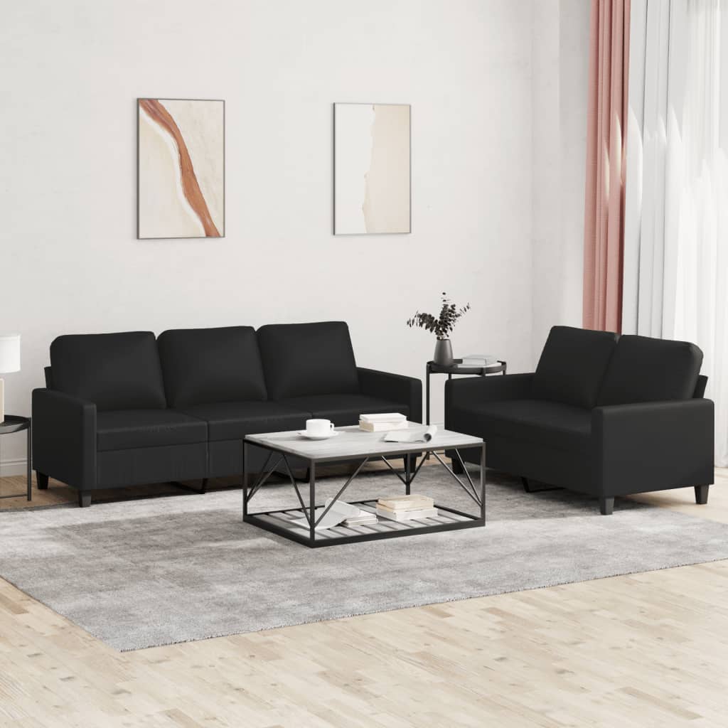 2-tlg. Sofagarnitur mit Kissen Schwarz Kunstleder 2-tlg. Sofagarnitur mit Kissen Schwarz Kunstleder