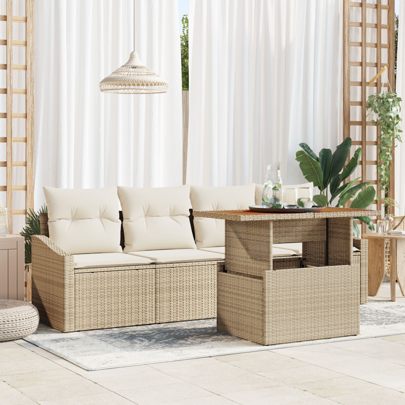 5-teiliges Garten Esstisch Set mit Kissen Beige Poly Rattan Akazie 5-teiliges Garten Esstisch Set mit Kissen Beige Poly Rattan Akazie
