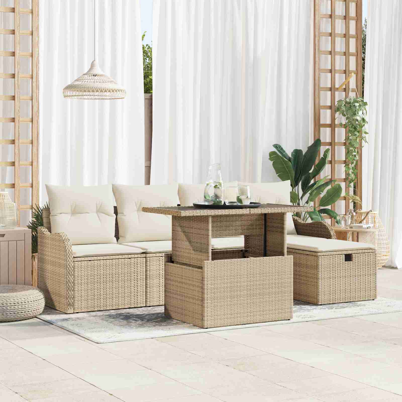 6-teiliges Garten-Sofa-Set mit Kissen in Beige aus Poly-Rattan 6-teiliges Garten-Sofa-Set mit Kissen in Beige aus Poly-Rattan