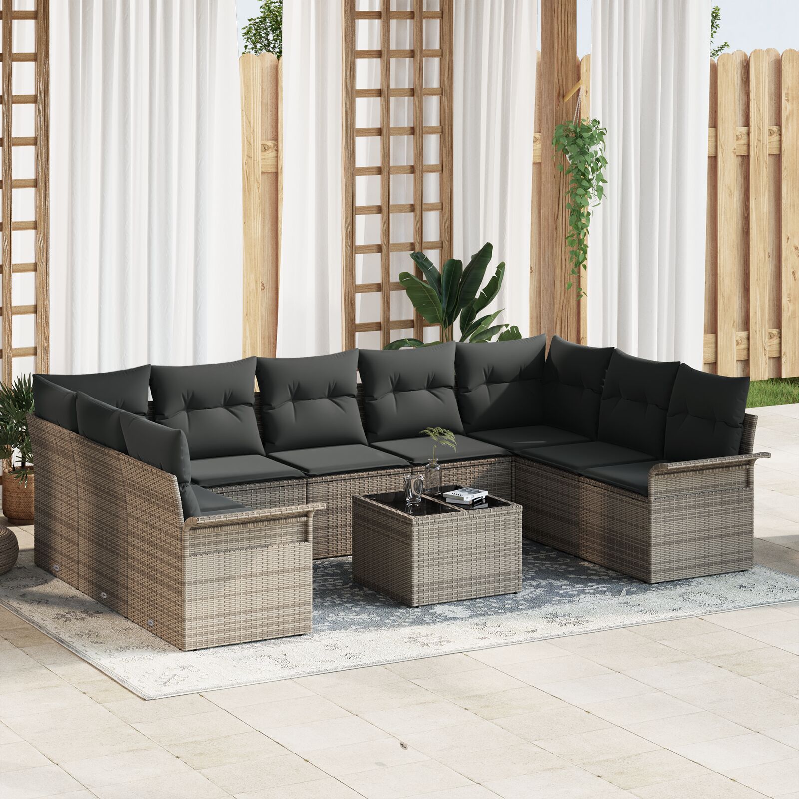 9-teiliges Garten Sofa Set mit Kissen Schwarz Poly Rattan 9-teiliges Garten Sofa Set mit Kissen Schwarz Poly Rattan