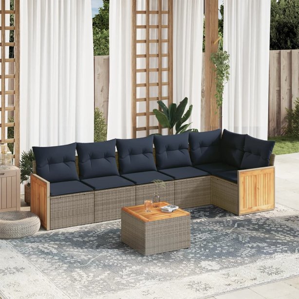 7-teiliges Gartensofa-Set mit Kissen, grau, Polyrattan 7-teiliges Gartensofa-Set mit Kissen, grau, Polyrattan