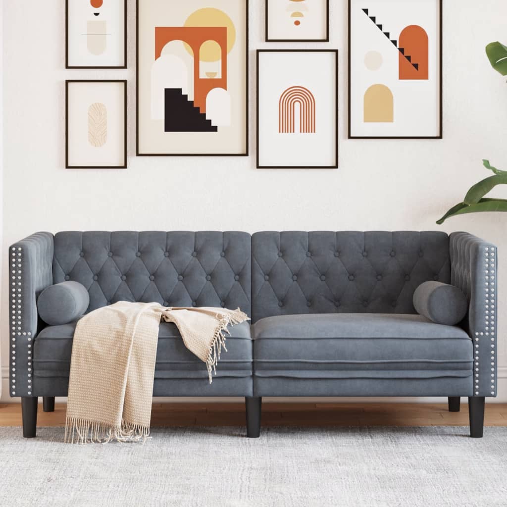 Chesterfield-Sofa mit Nackenrollen 2-Sitzer Dunkelgrau Samt Chesterfield-Sofa mit Nackenrollen 2-Sitzer Dunkelgrau Samt