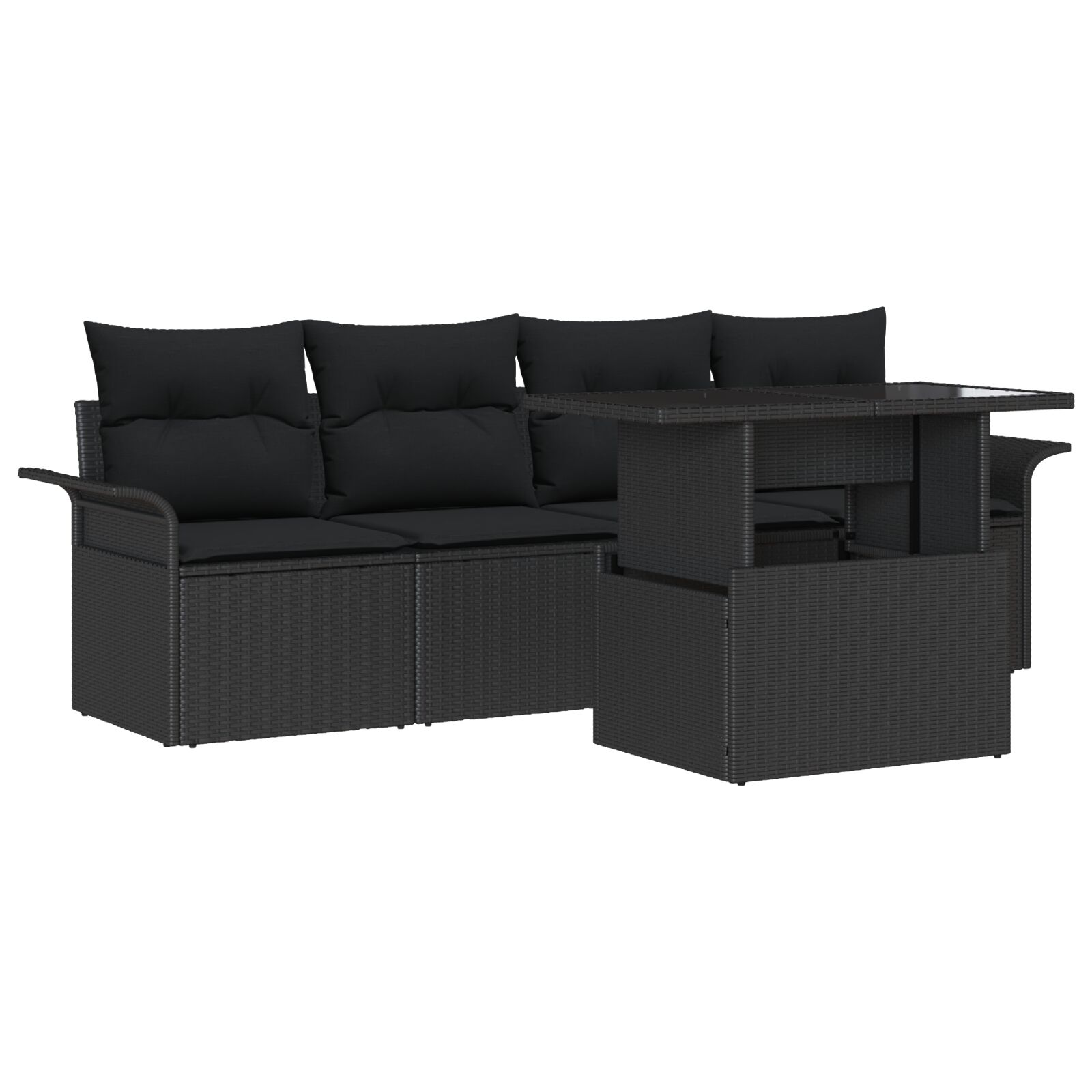 5-teiliges Garten-Sofa-Set mit Kissen Schwarz Poly-Rattan, 2-Sitzer Garten-Sofa mit Stauraum & Kissen Schwarz Poly-Rattan