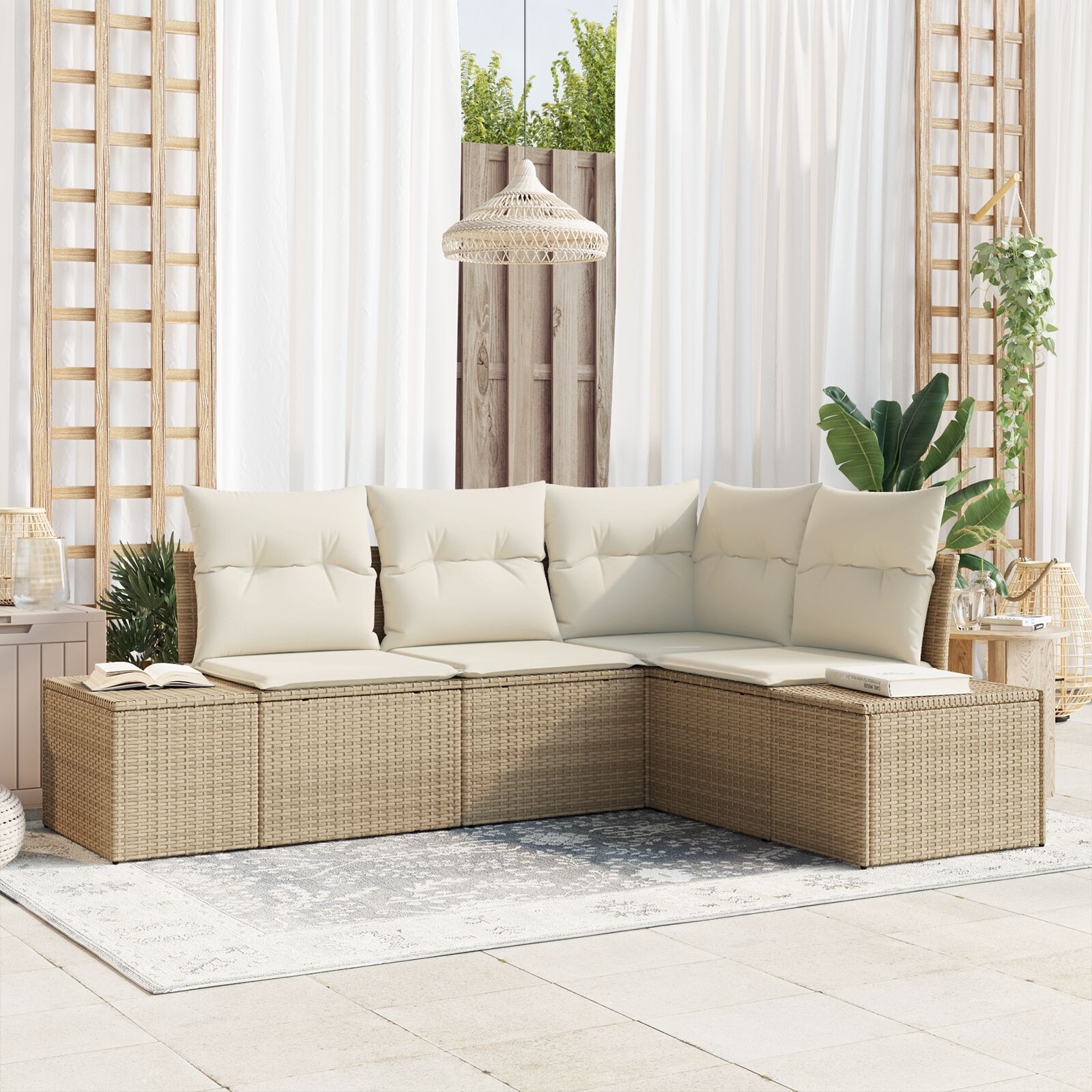 4-teiliges Garten Sofa Set mit Kissen Beige Poly Rattan