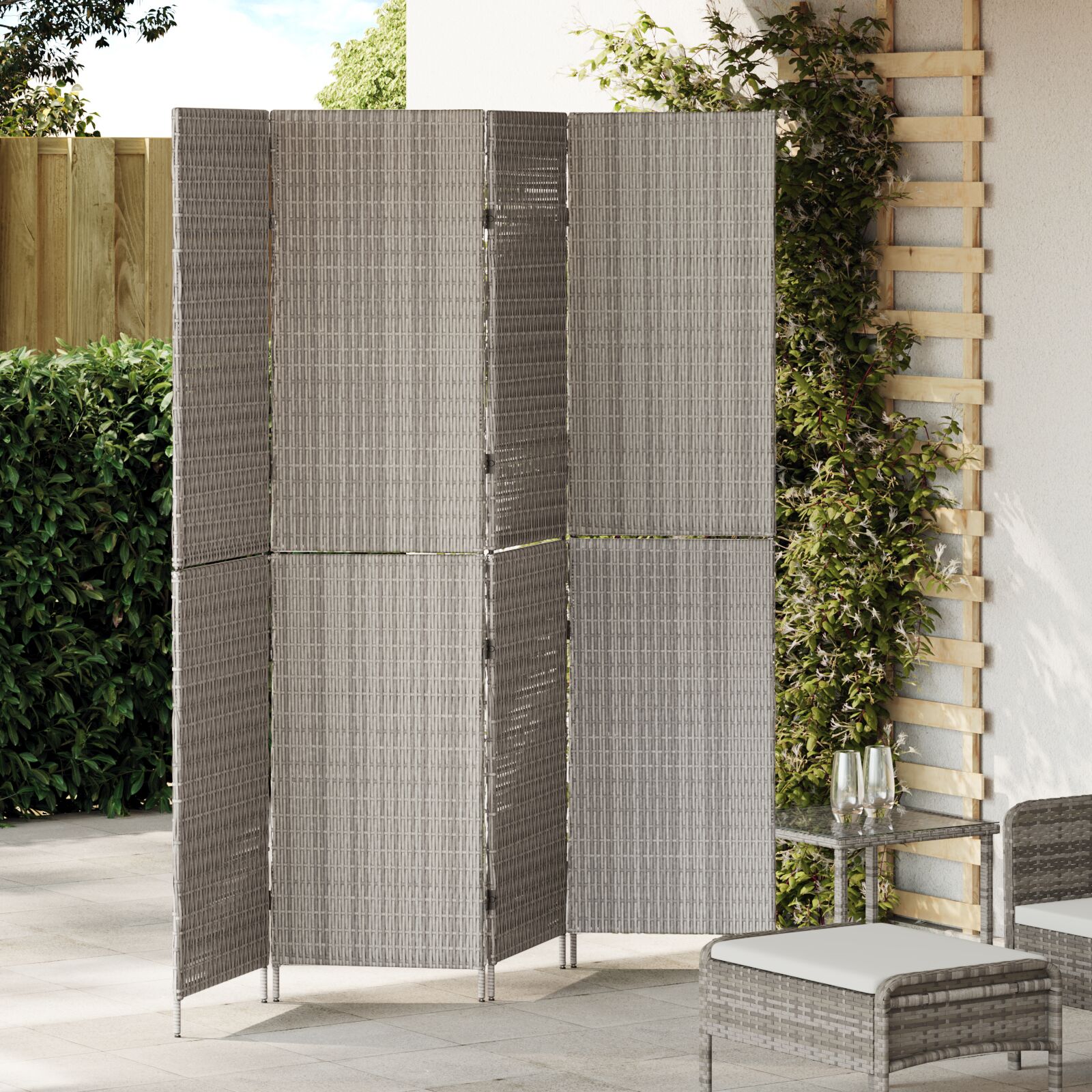 Raumteiler 4 Paneele faltbar Grau 195x180 cm Poly Rattan