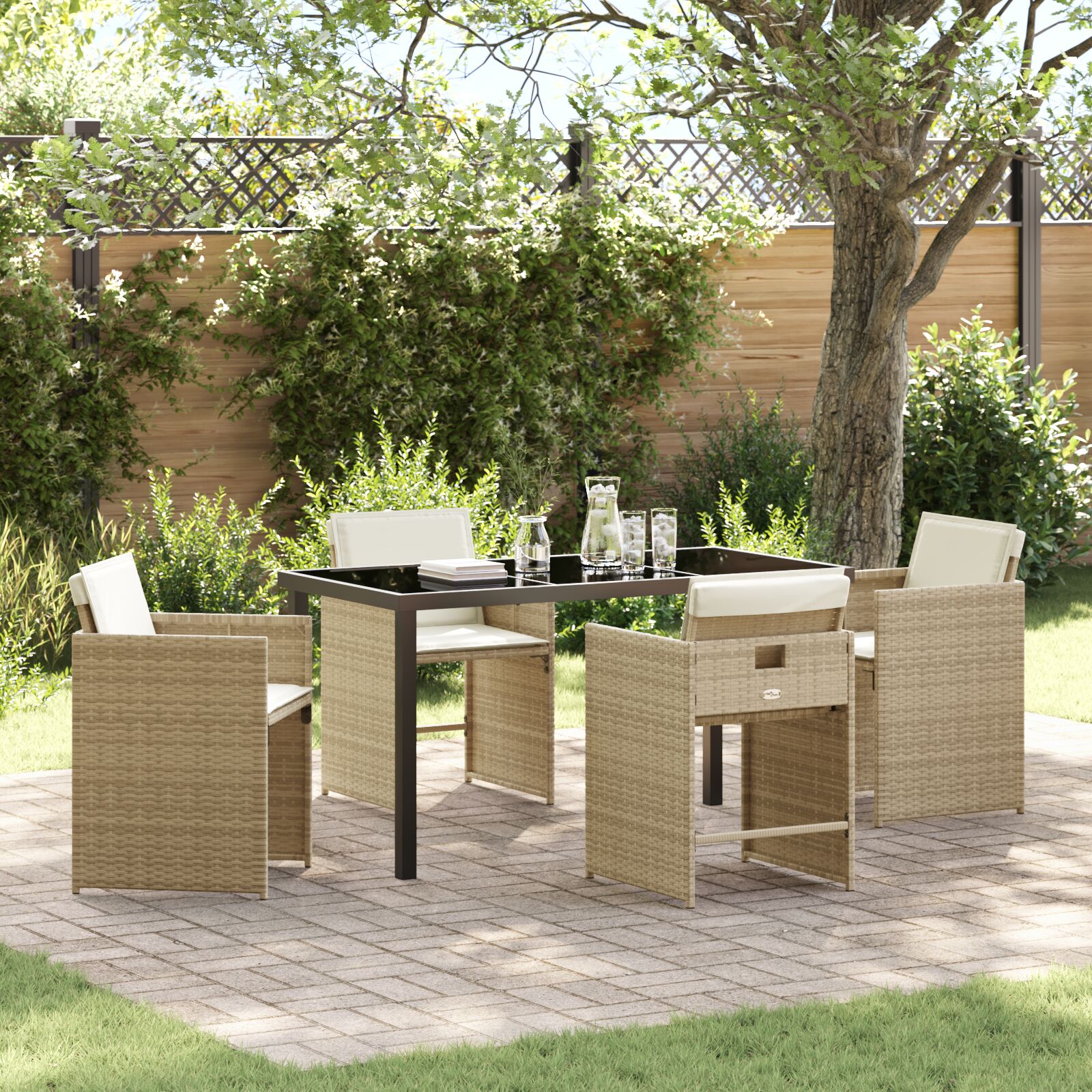 5-teiliges Garten-Dining-Set mit Kissen Beige Poly-Rattan